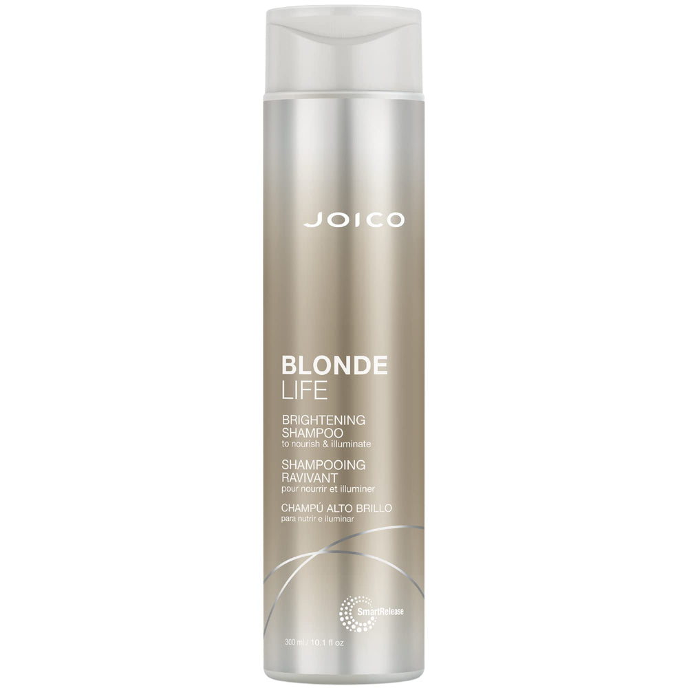 Joico Blonde Life Brightening Shampoo bottle shows sulfate-free formula for gentle cleansing.
