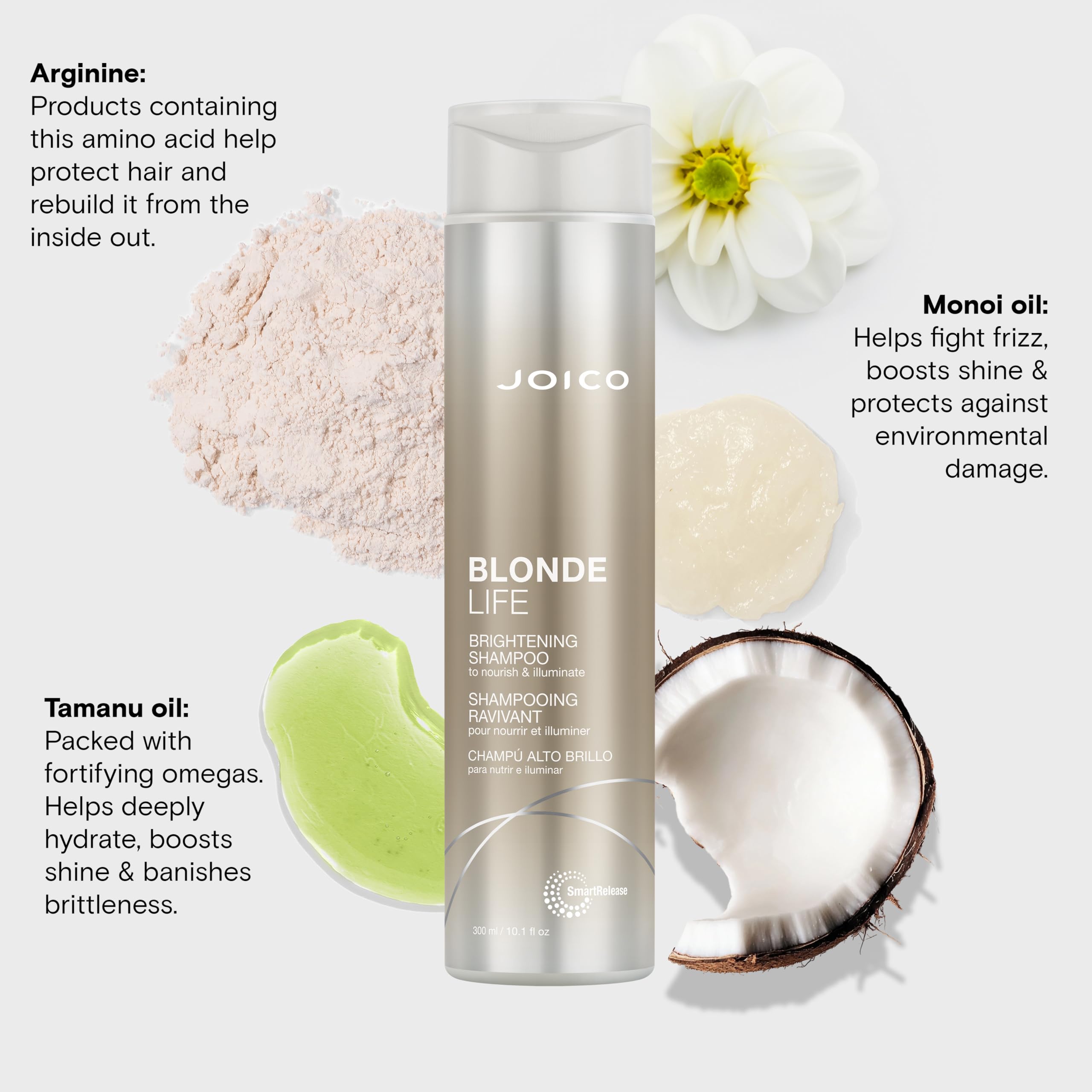 Joico Blonde Life Brightening Shampoo contains Monoi and Tamanu oils for nourishment.