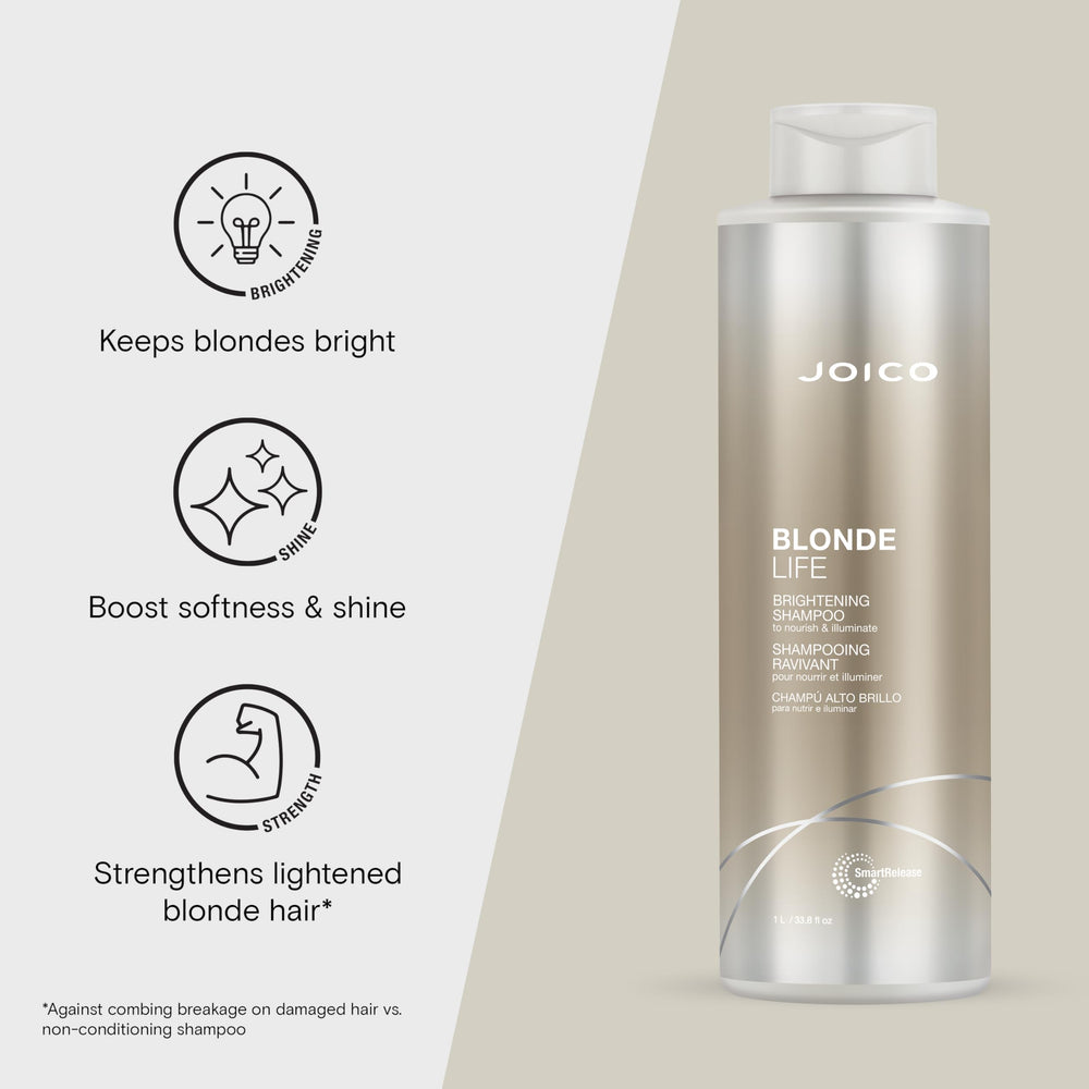 Joico Blonde Life Brightening Shampoo pump-dispense offers convenient daily use
