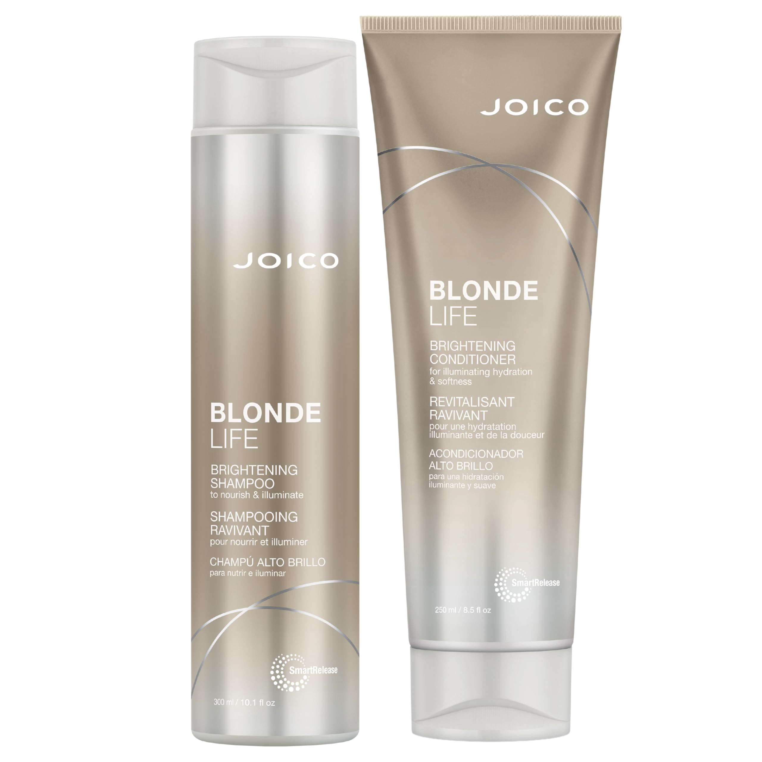 Joico Blonde Life champú: botella visible y espuma cremosa para brillo suave.