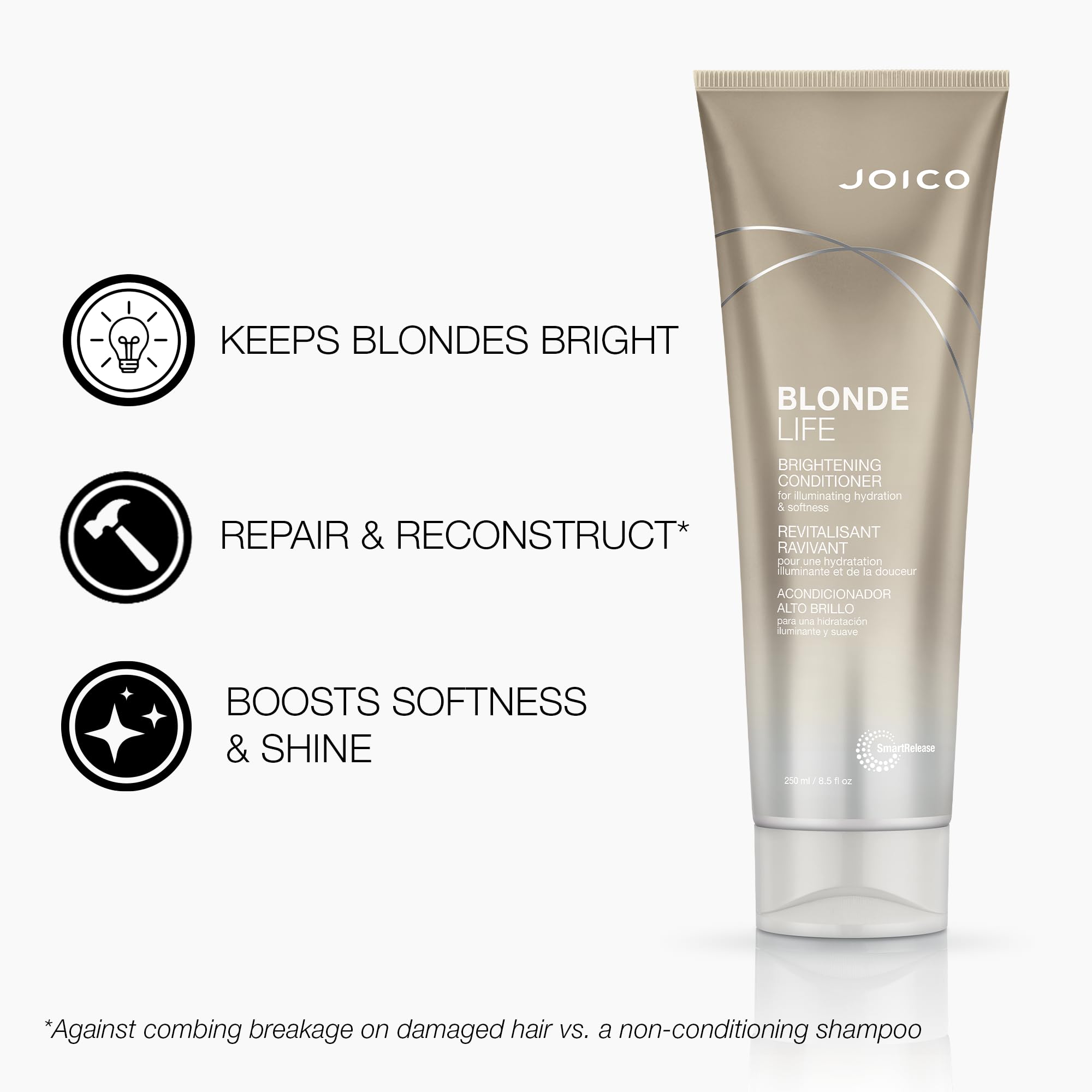 Joico Blonde Life champú: espuma rica sin sulfatos para limpieza suave.