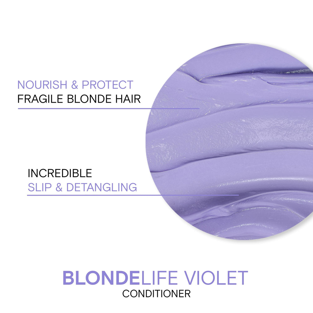 Front view of Joico Blonde Life Violet Conditioner bottle on a bathroom counter.