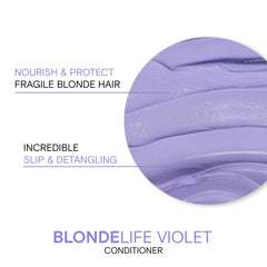 Front view of Joico Blonde Life Violet Conditioner bottle on a bathroom counter.