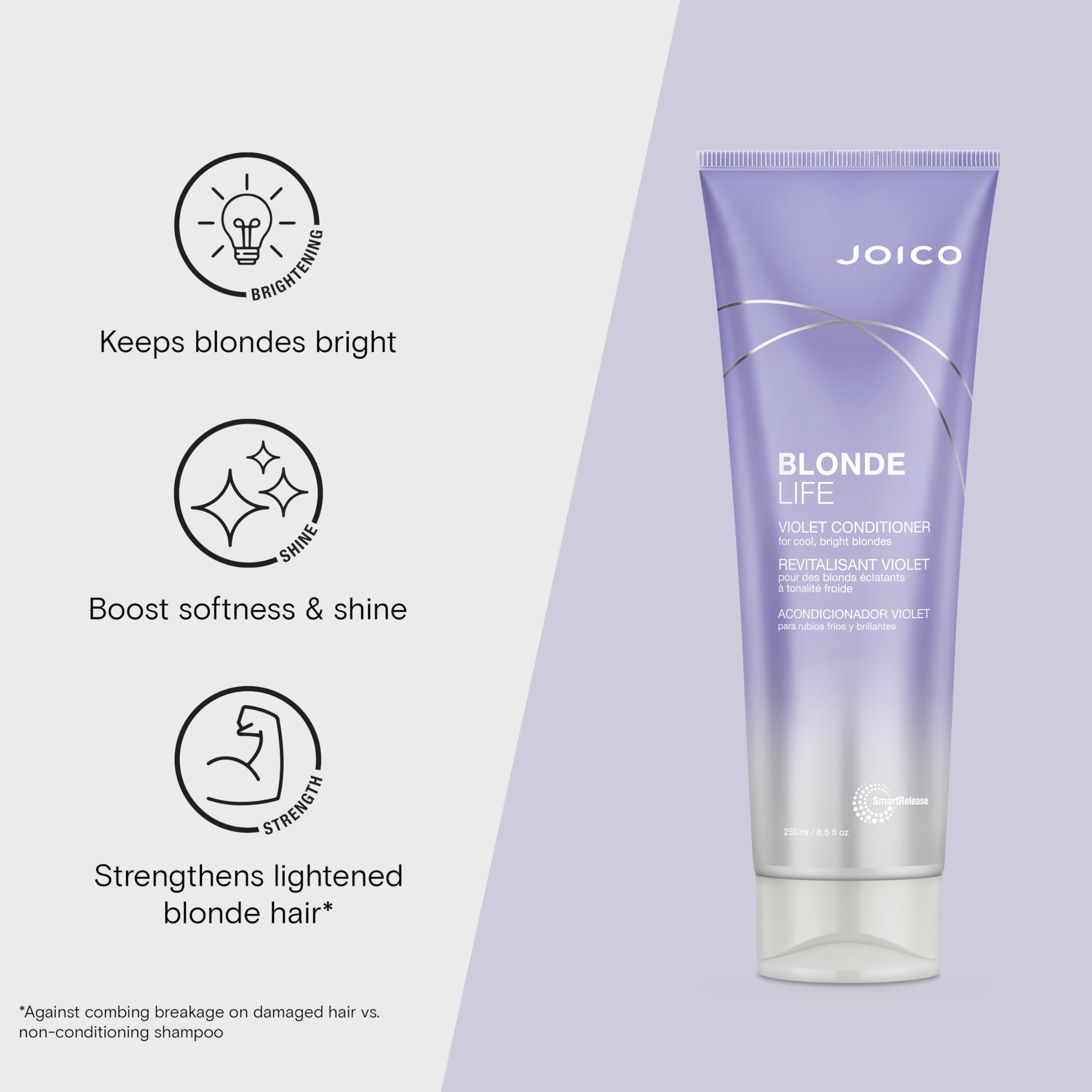 Close-up of Joico Blonde Life Violet Conditioner label highlighting sulfate-free formula with Monoi and Tamanu oils.