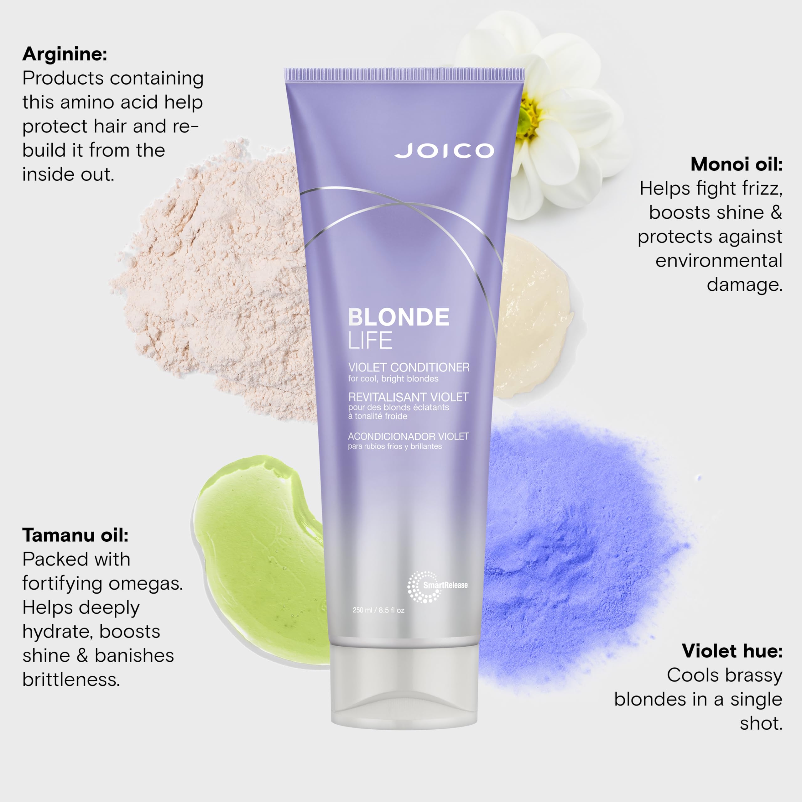 Amber Monoi and Tamanu oil ingredients on Joico Blonde Life Violet Conditioner packaging.