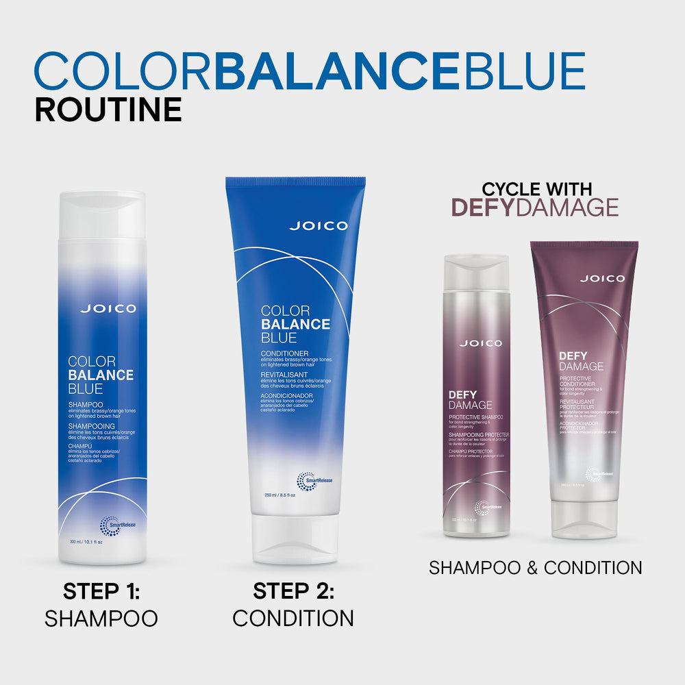 Joico Color Balance Blue Shampoo with anti-fade protection helps maintain color.