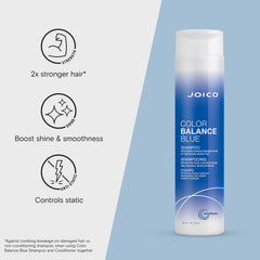 Joico Color Balance Blue Shampoo features green tea and UV protection to help color stay true.