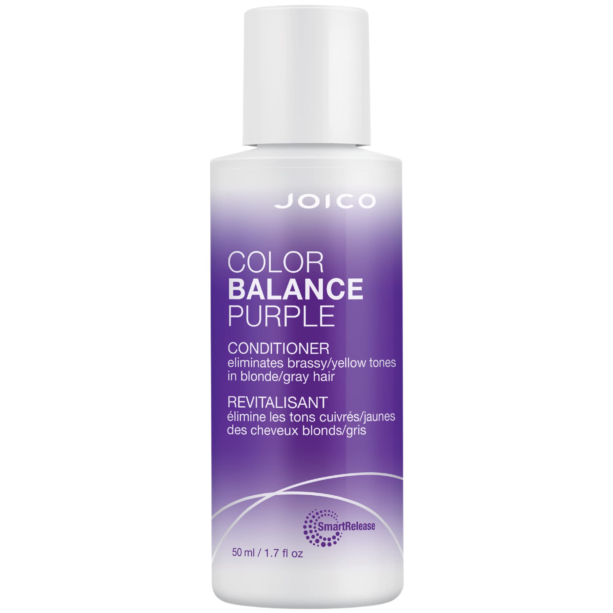 Joico Color Balance Purple Conditioner bottle demonstrates violet formula neutralizing brass on blonde and gray hair.