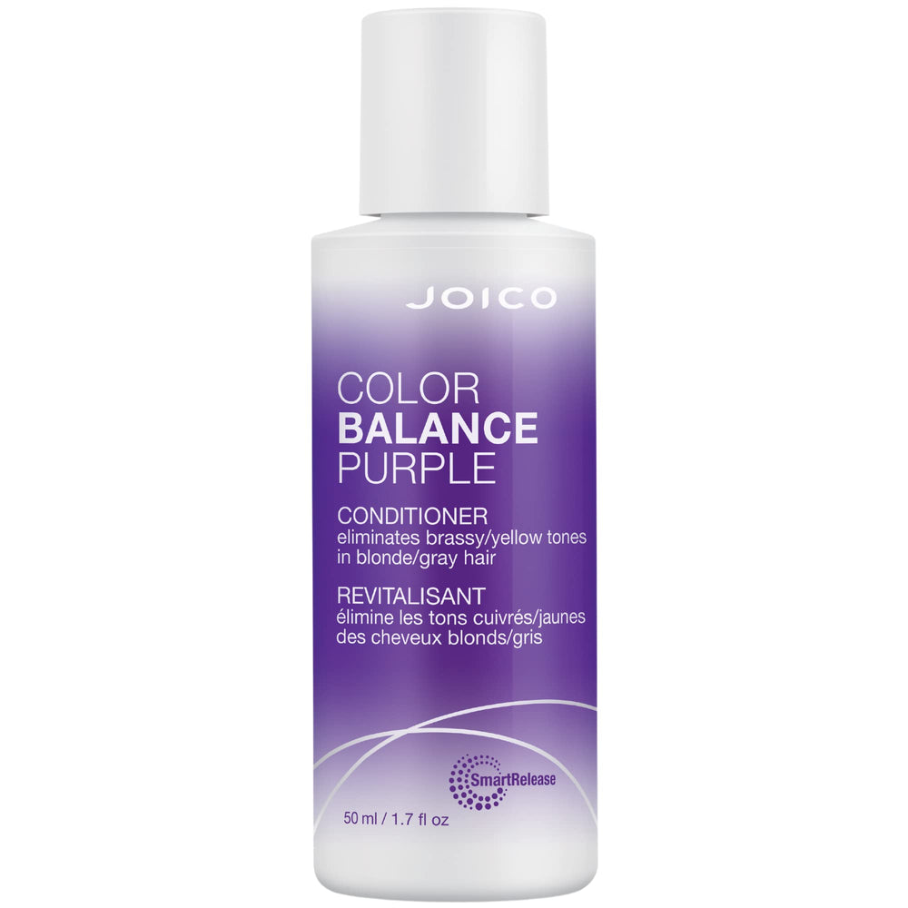 Joico Color Balance Purple Conditioner bottle demonstrates violet formula neutralizing brass on blonde and gray hair.