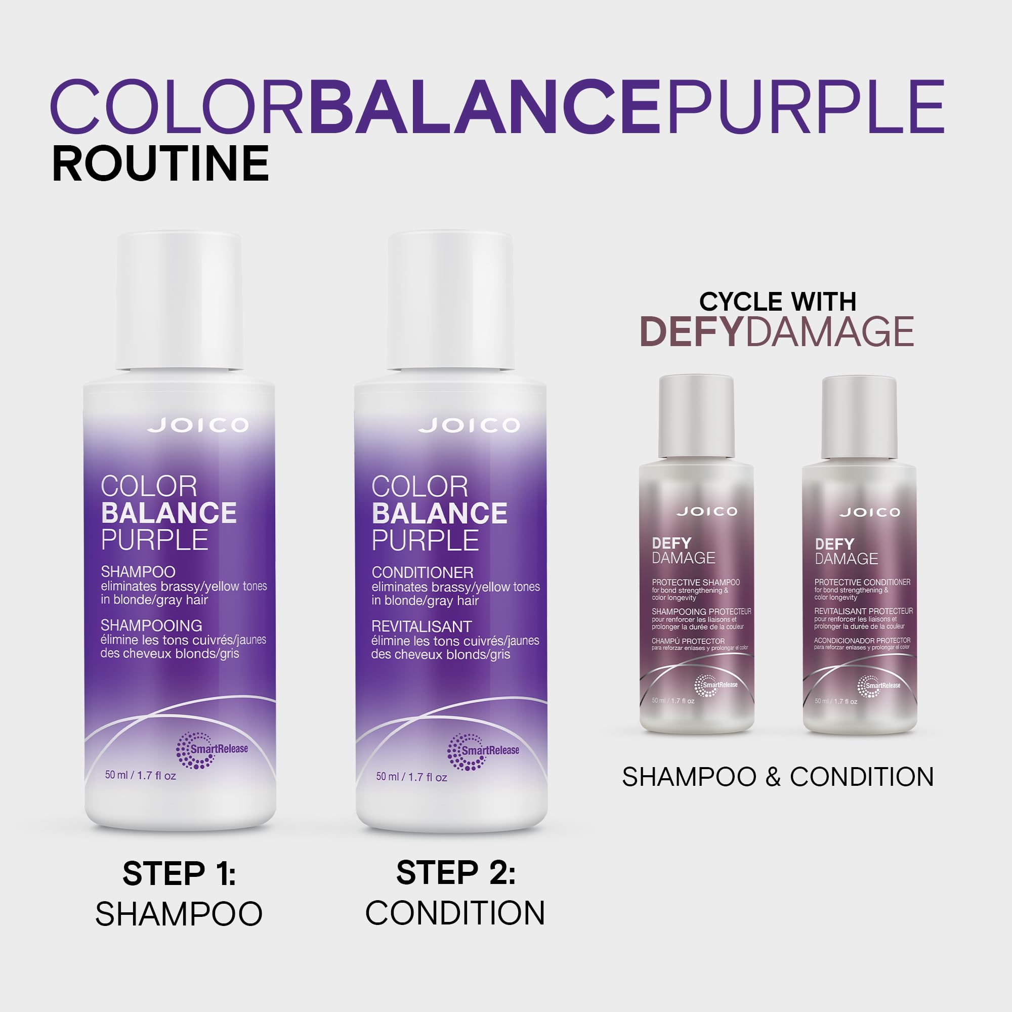 Joico Color Balance Purple Conditioner with Smart Release Technology releases Rosehip Oil and Keratin during use.