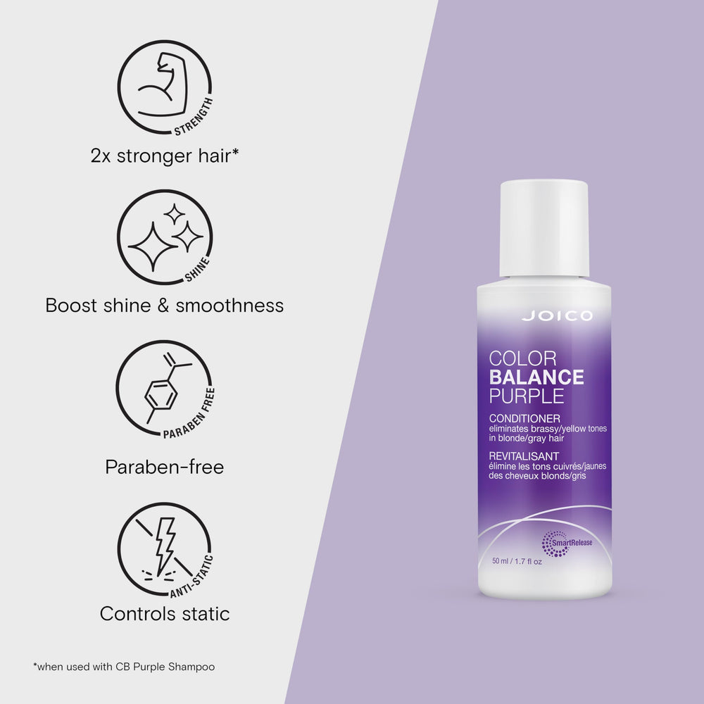 Joico Color Balance Purple Conditioner texture close-up reveals creamy detangler that hydrates color-treated hair.