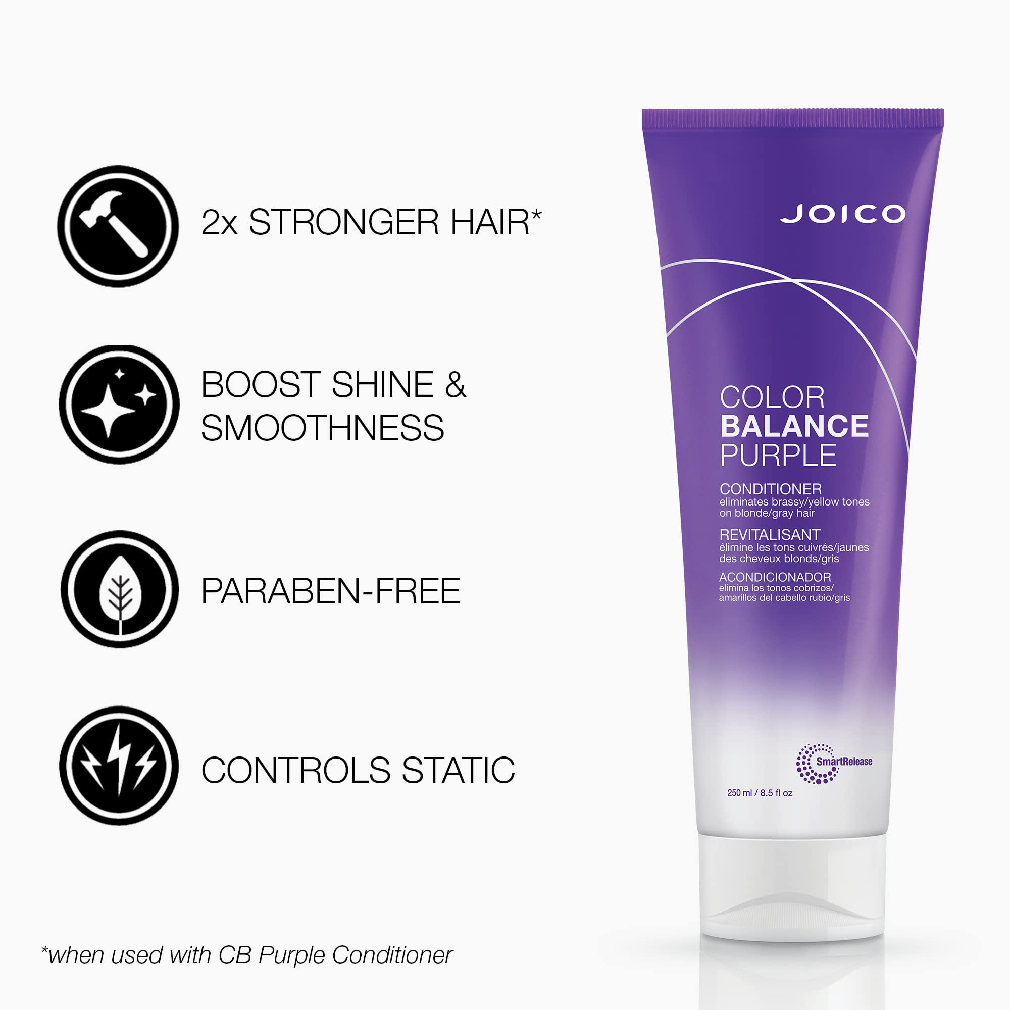 Joico Color Balance Purple Conditioner bottle provides nourishment while neutralizing yellow tones.