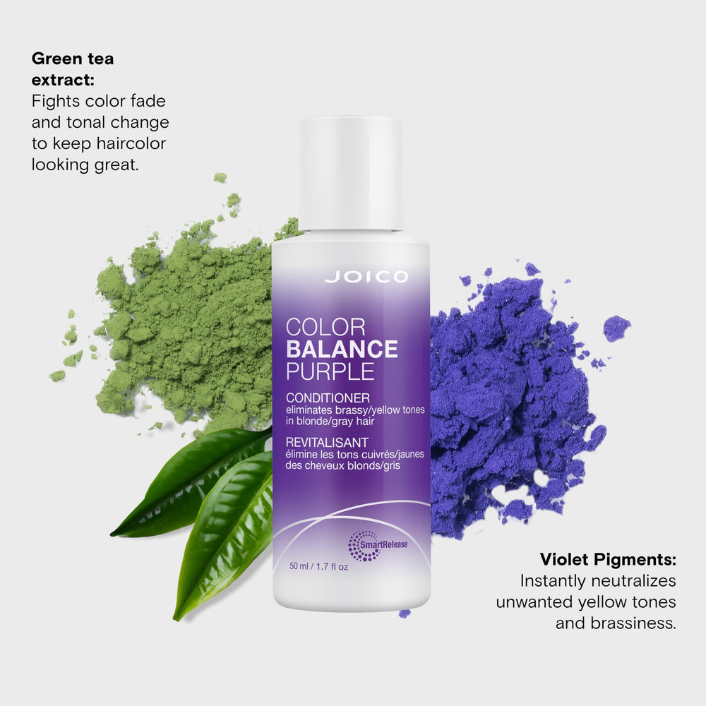 Joico Color Balance Purple Conditioner features green tea extract and UV absorbers to protect color.