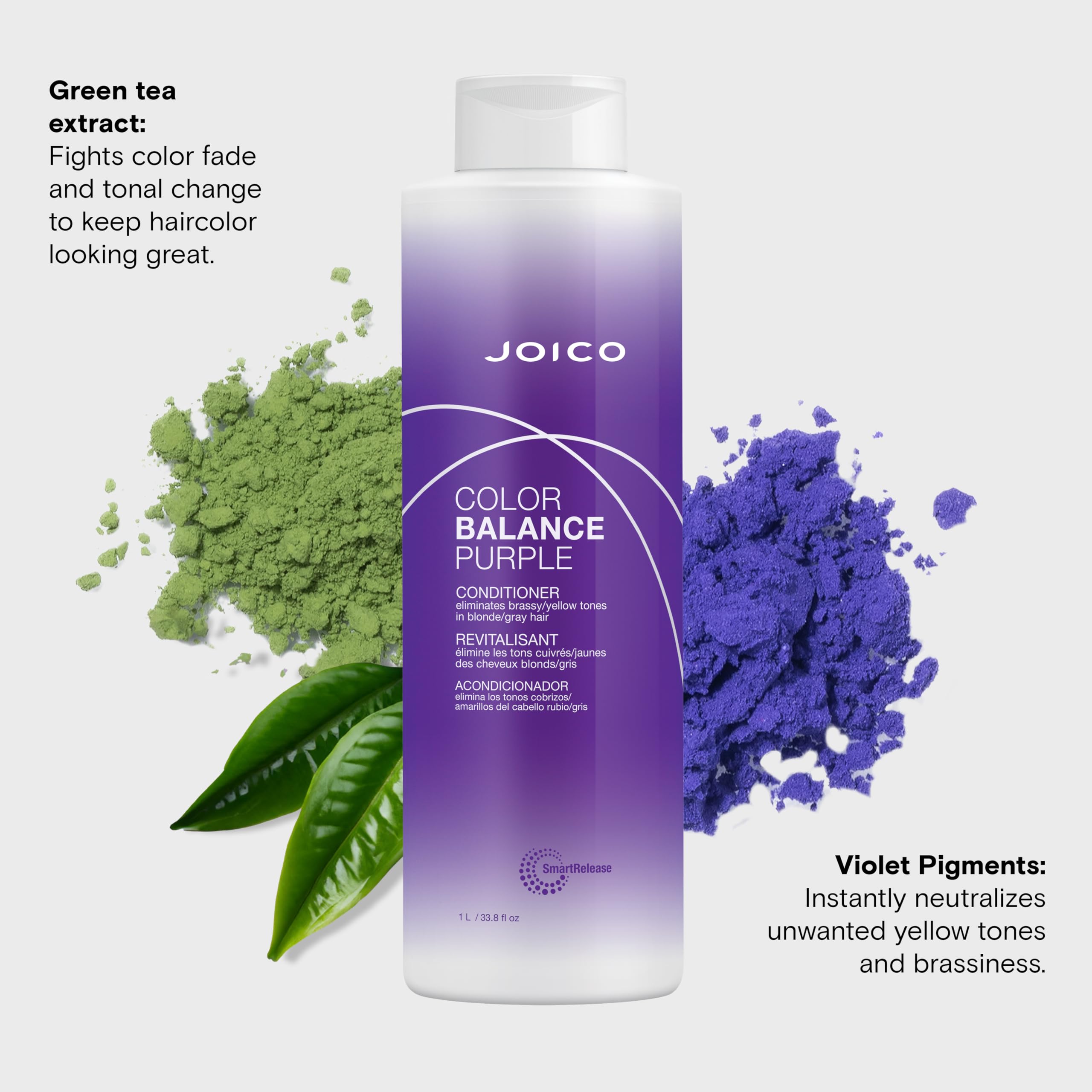 Joico Color Balance Purple Conditioner bottle emphasizes UV protection for color longevity.