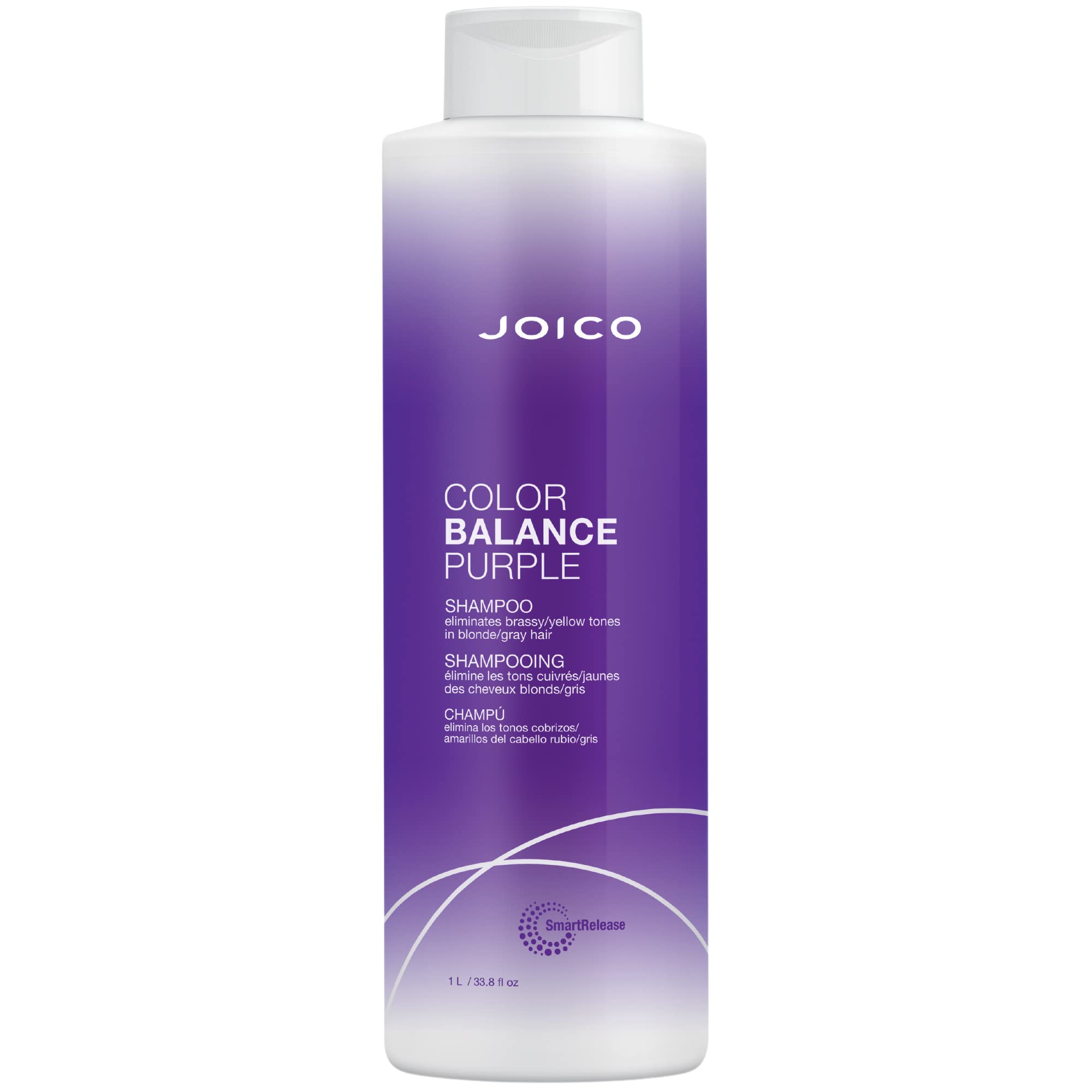 Joico Color Balance Purple Shampoo bottle shows neutralizing brass and boosting cool tones.