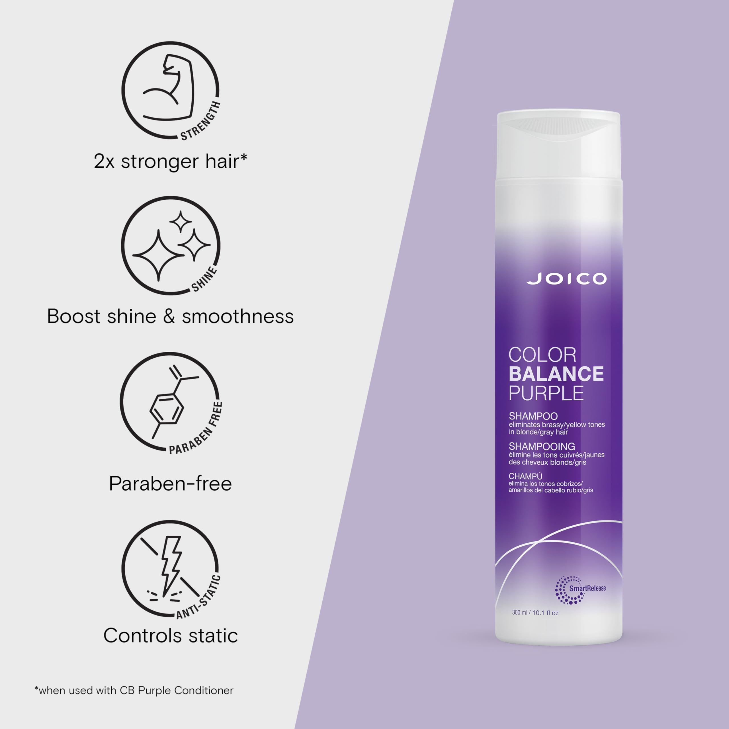 Joico Color Balance Purple Shampoo foam close-up shows cleansing shine and smoother hair.