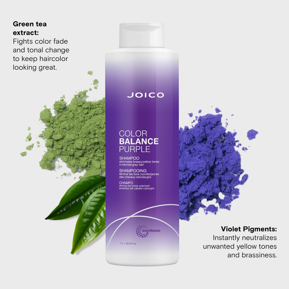 Joico Color Balance Purple Shampoo highlights green tea extract for color vitality.