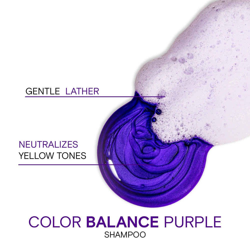 Joico Color Balance Purple Shampoo label highlights green tea extract for color protection.
