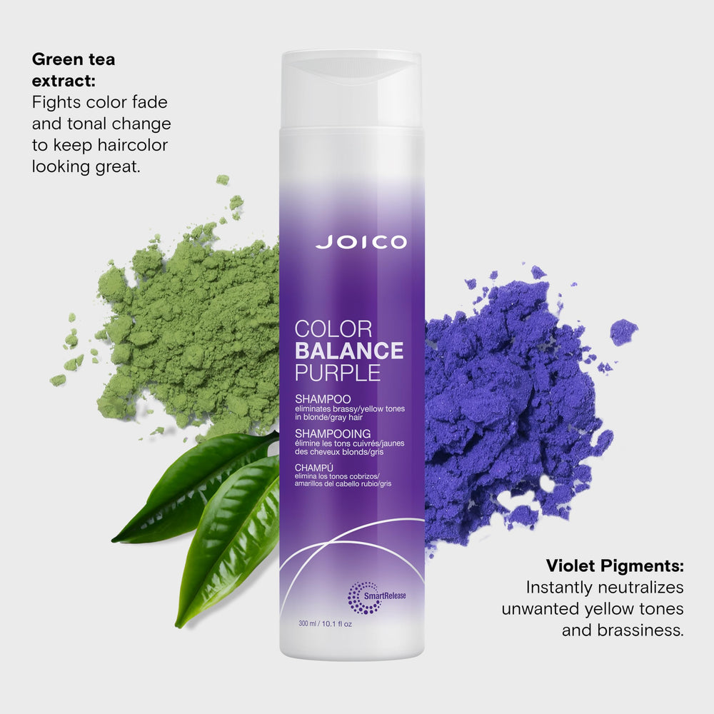 Joico Rosehip Oil inset emphasizes nourishing repair in Color Balance Purple Shampoo.