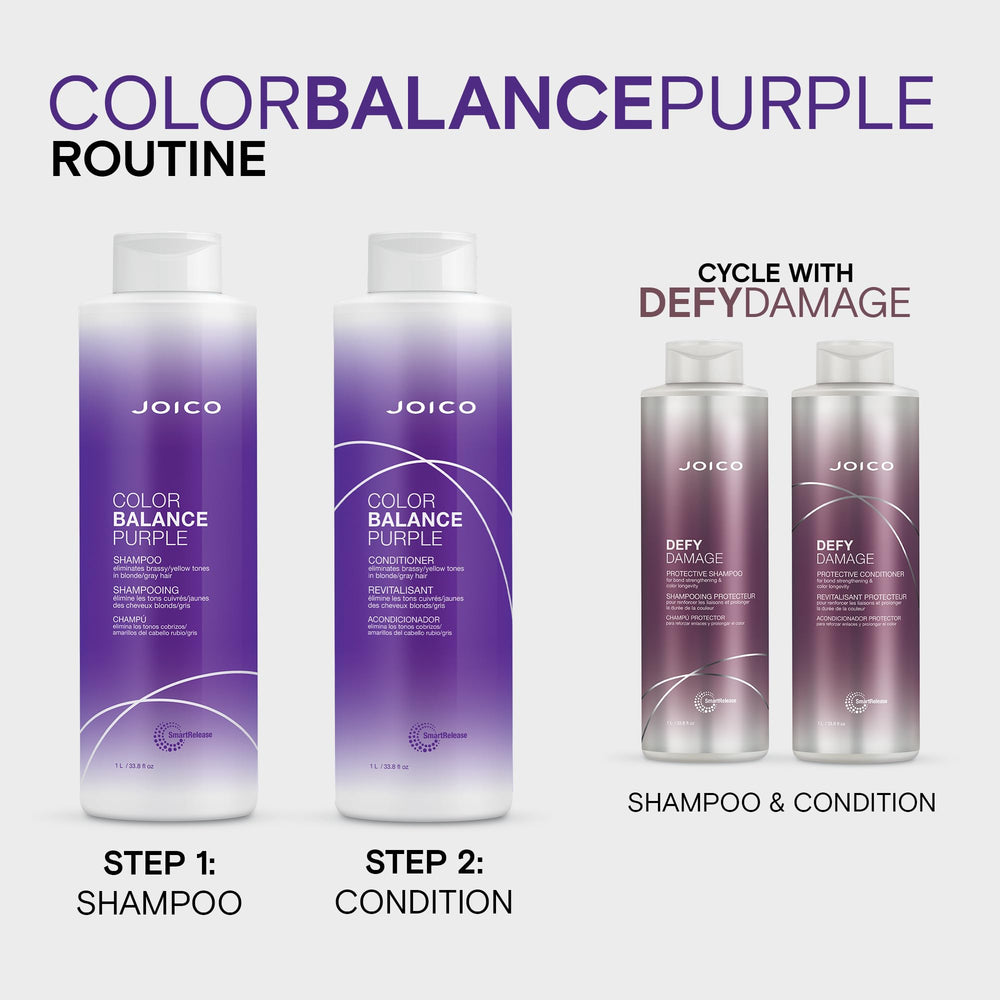 Joico Color Balance Purple Shampoo close up on UV absorbers protecting color.