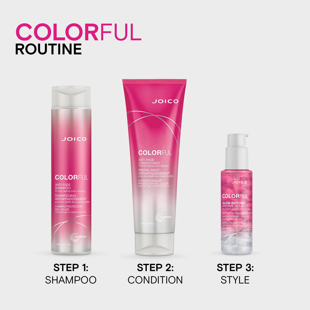 Joico Colorful Anti-Fade Shampoo: empaque elegante con camelia y granada, cuidado del color