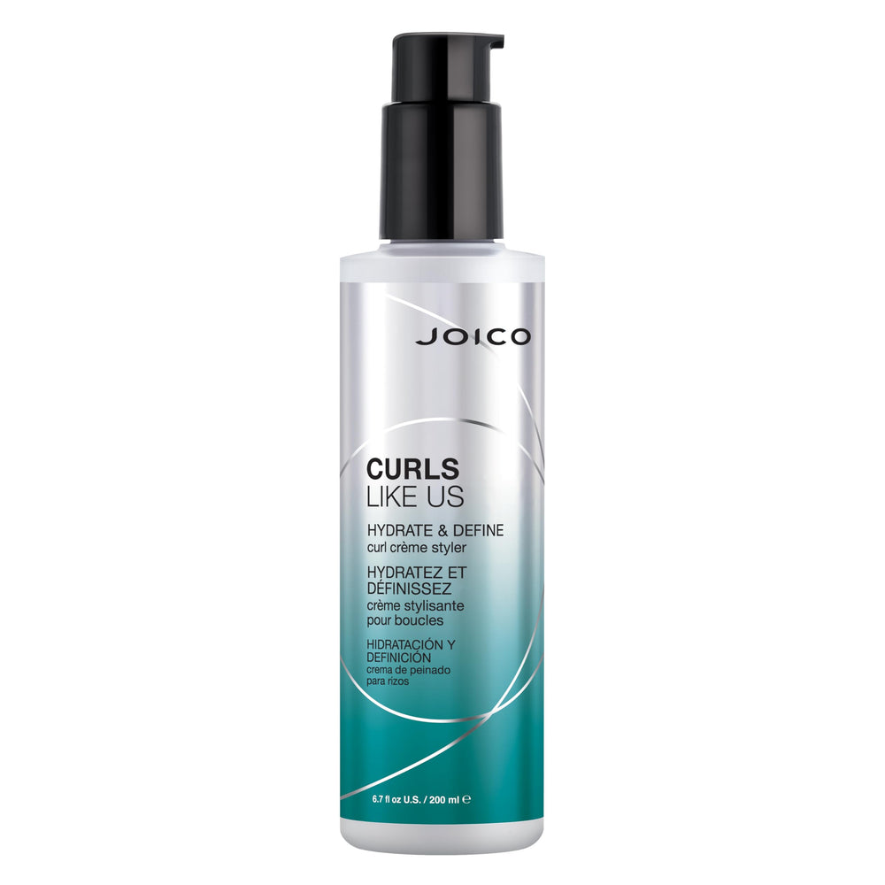 Joico Curls Like Us Hydrate & Define bottle pour demonstrates easy application and frizz control.