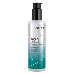 Joico Curls Like Us Hydrate & Define bottle pour demonstrates easy application and frizz control.