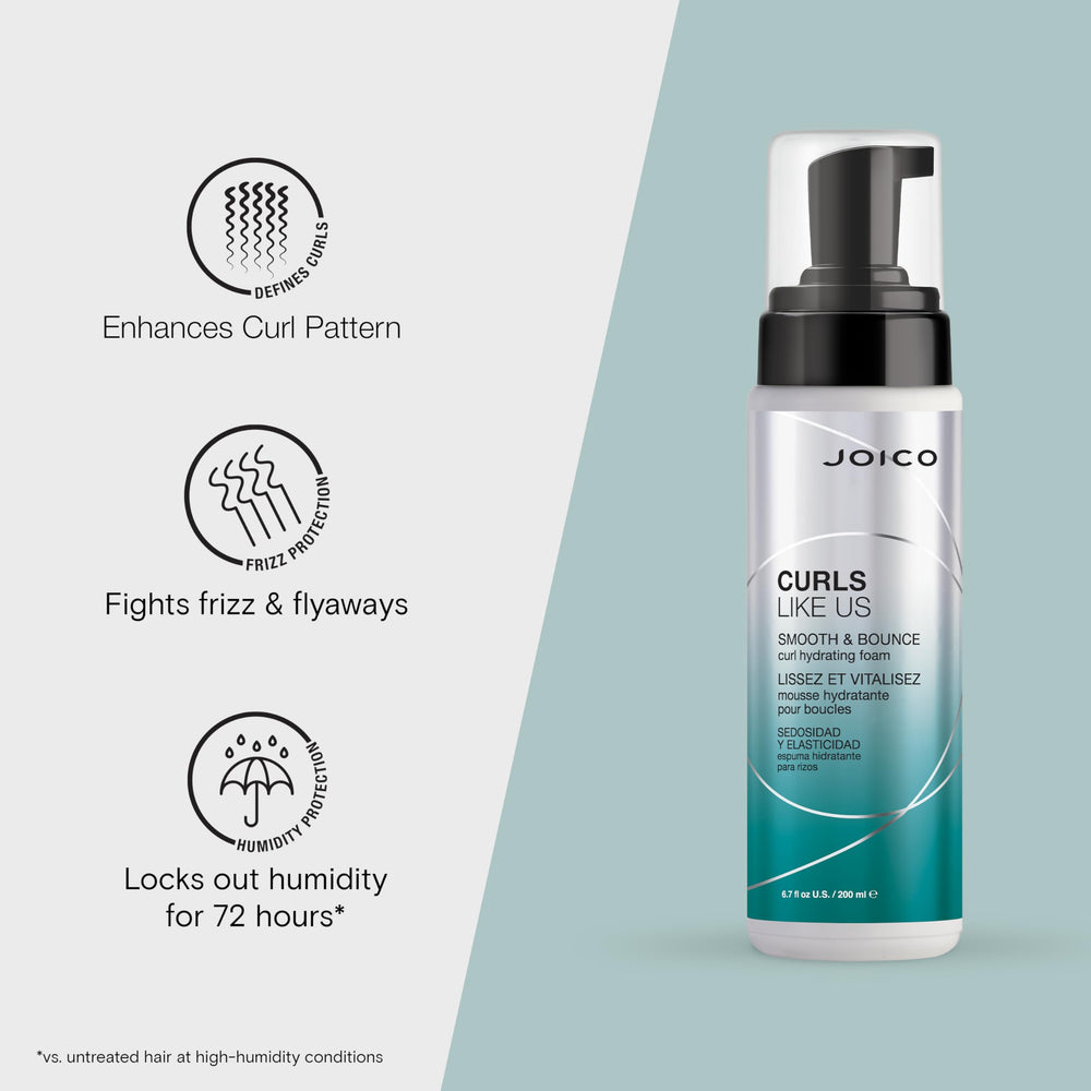 Joico Curls Like Us foam being pumped for even application and frizz control.