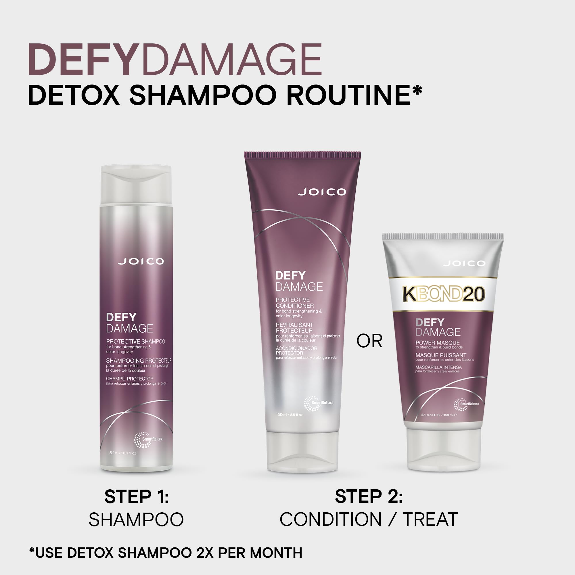 Joico Defy Damage Detox Shampoo for at-home use twice monthly.