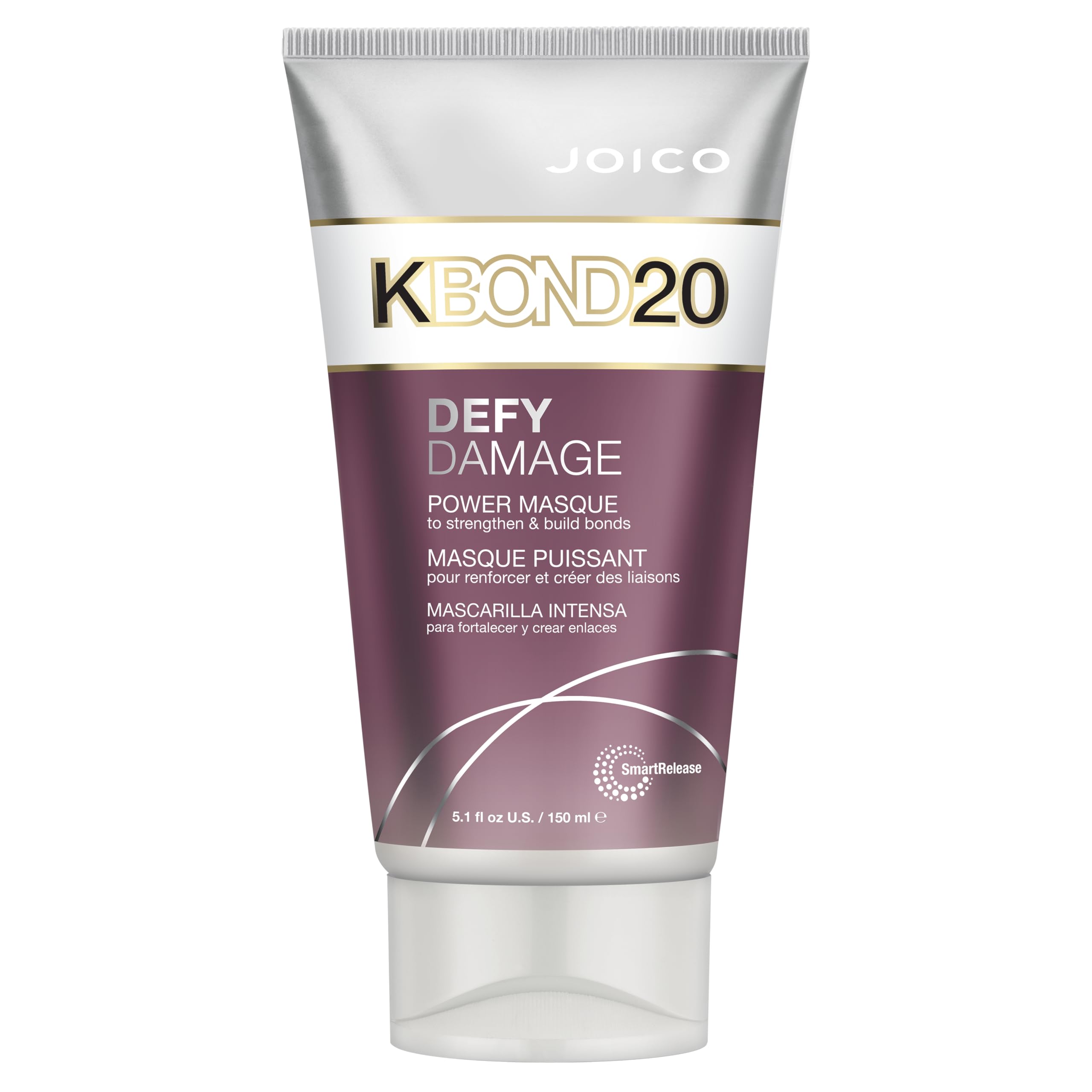 Joico Defy Damage KBOND20 Power Masque bottle shows color-safe hydration and bond support.