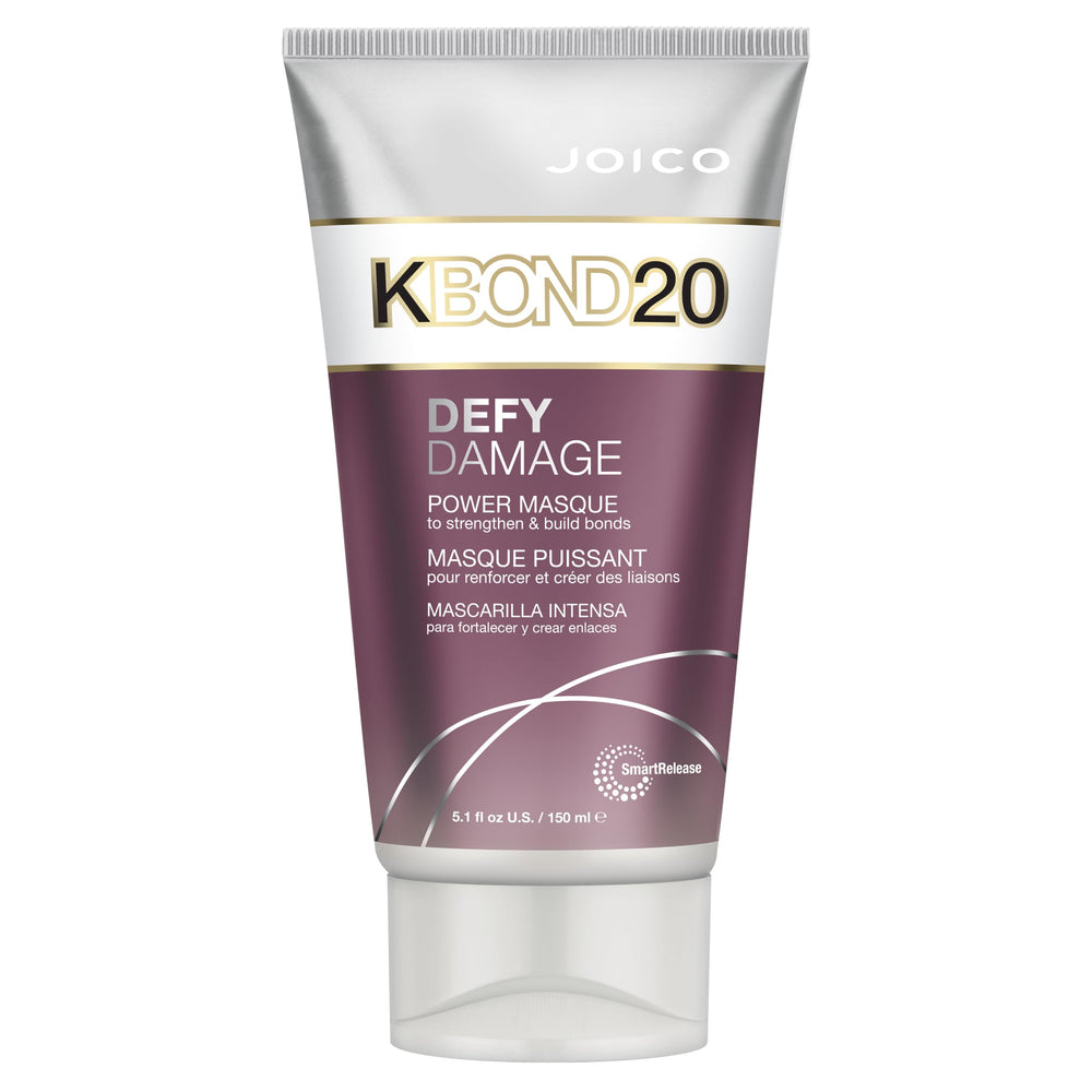 Joico Defy Damage KBOND20 Power Masque bottle shows color-safe hydration and bond support.