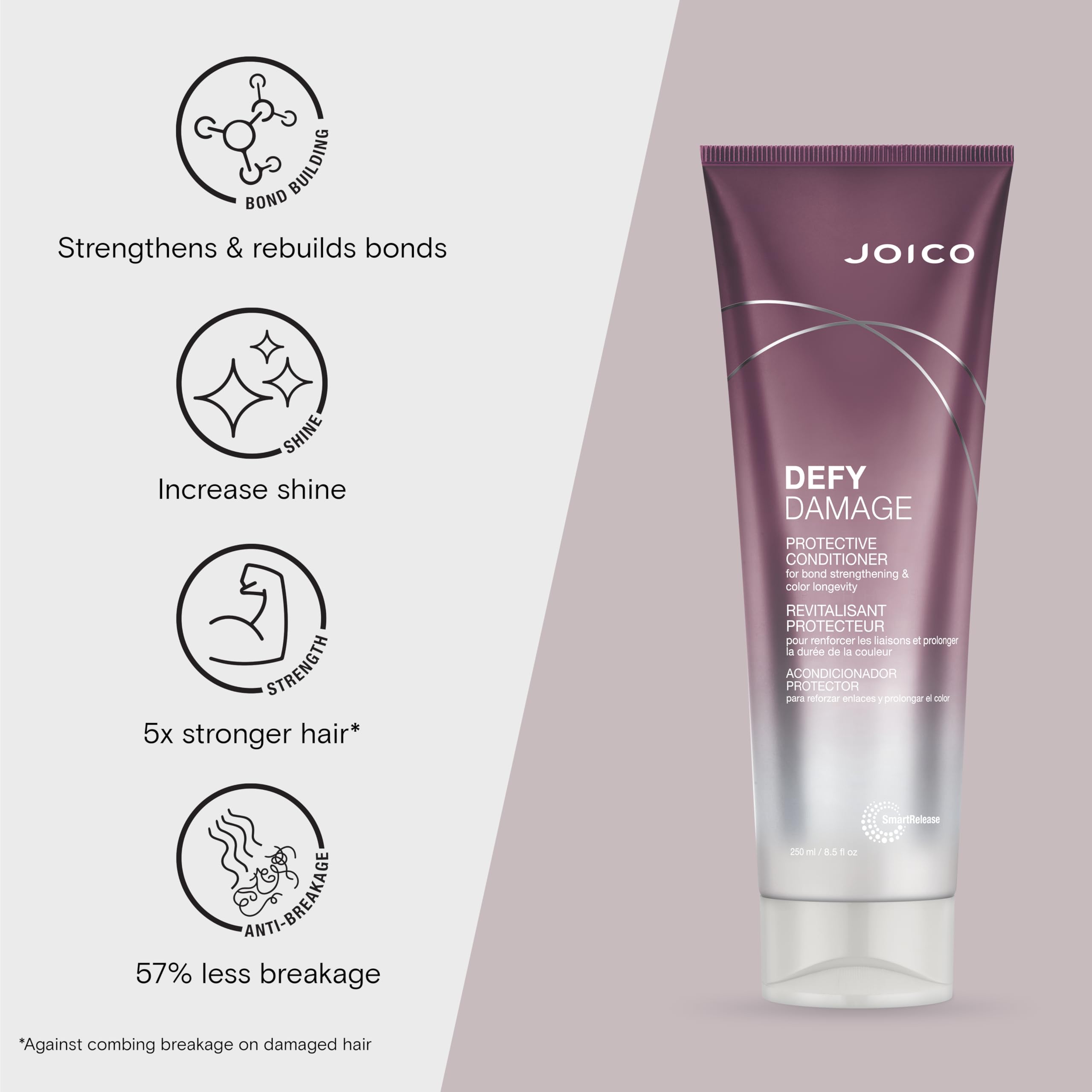 Hands applying Joico Defy Damage conditioner through mid-lengths for smooth, color-safe hair