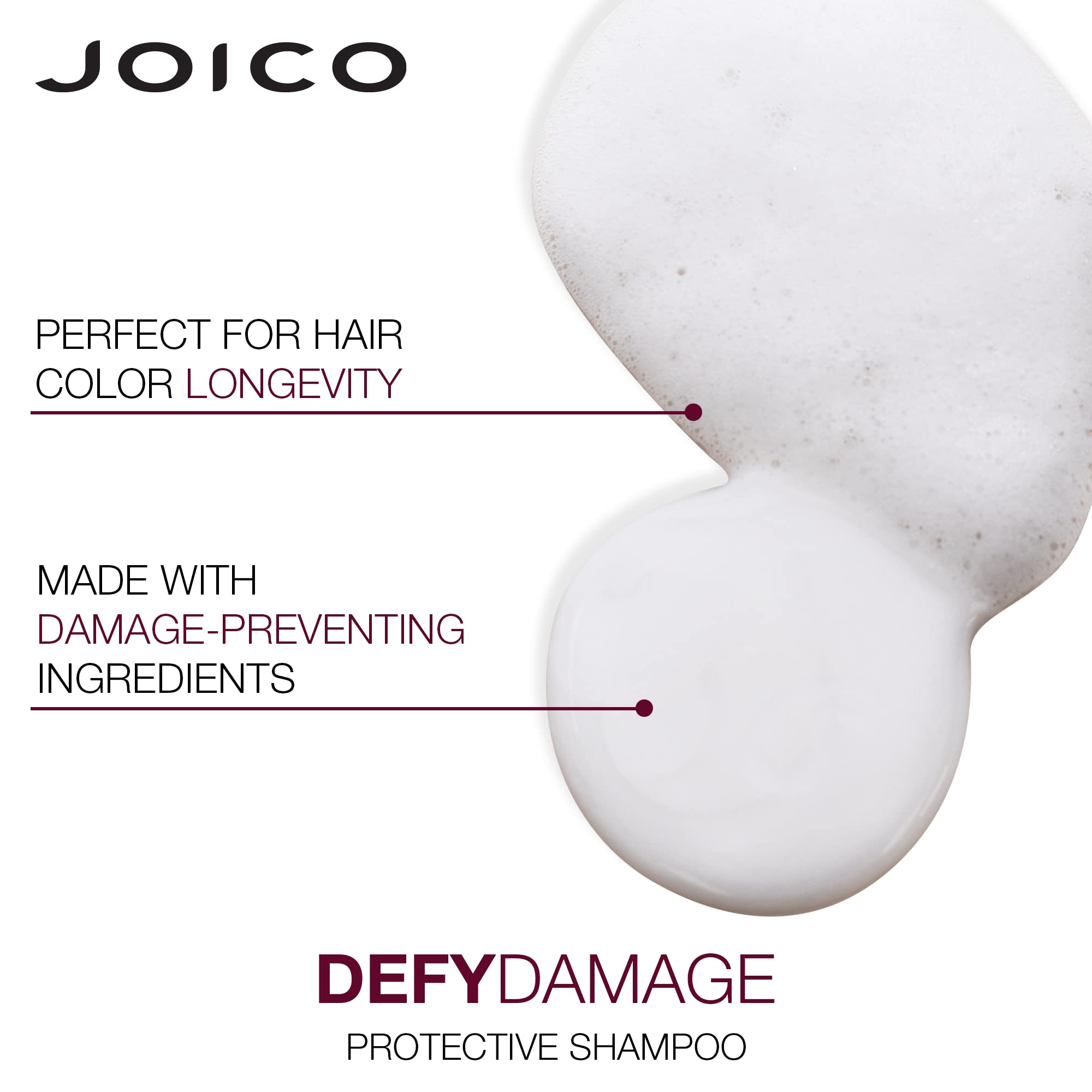 Joico Defy Damage protective shampoo bottle with label highlighting color longevity.