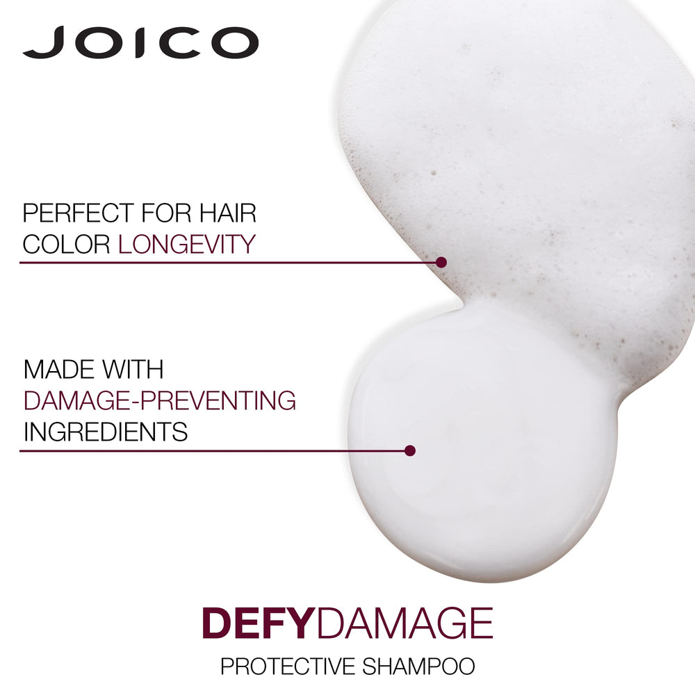 Joico Defy Damage protective shampoo bottle with label highlighting color longevity.