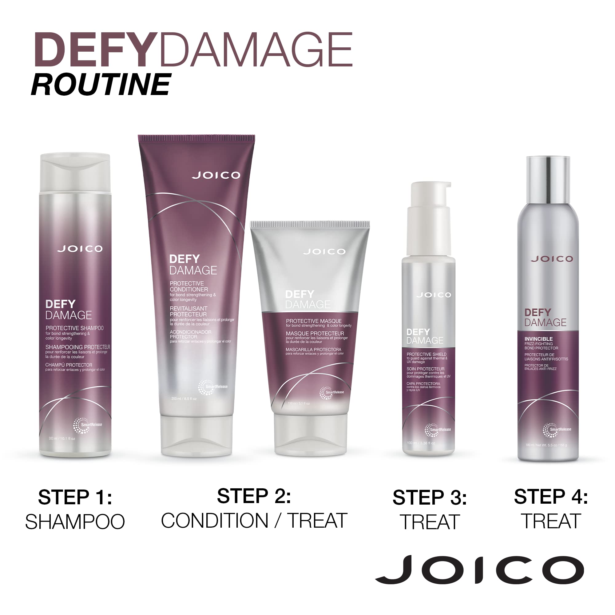 Joico Defy Damage set displayed with conditioner beside shampoo.