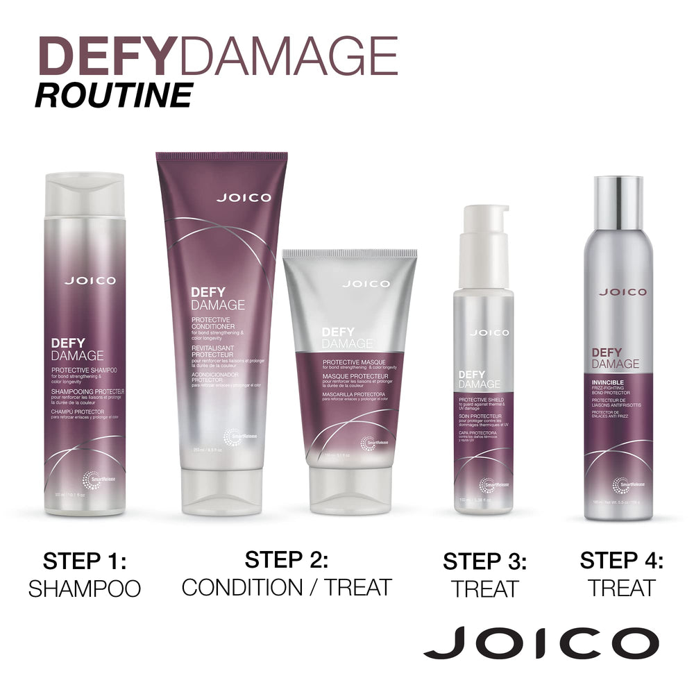 Joico Defy Damage set displayed with conditioner beside shampoo.