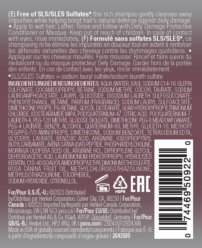 Joico Defy Damage Shampoo: color vibrante, cabello protegido durante cada lavado.