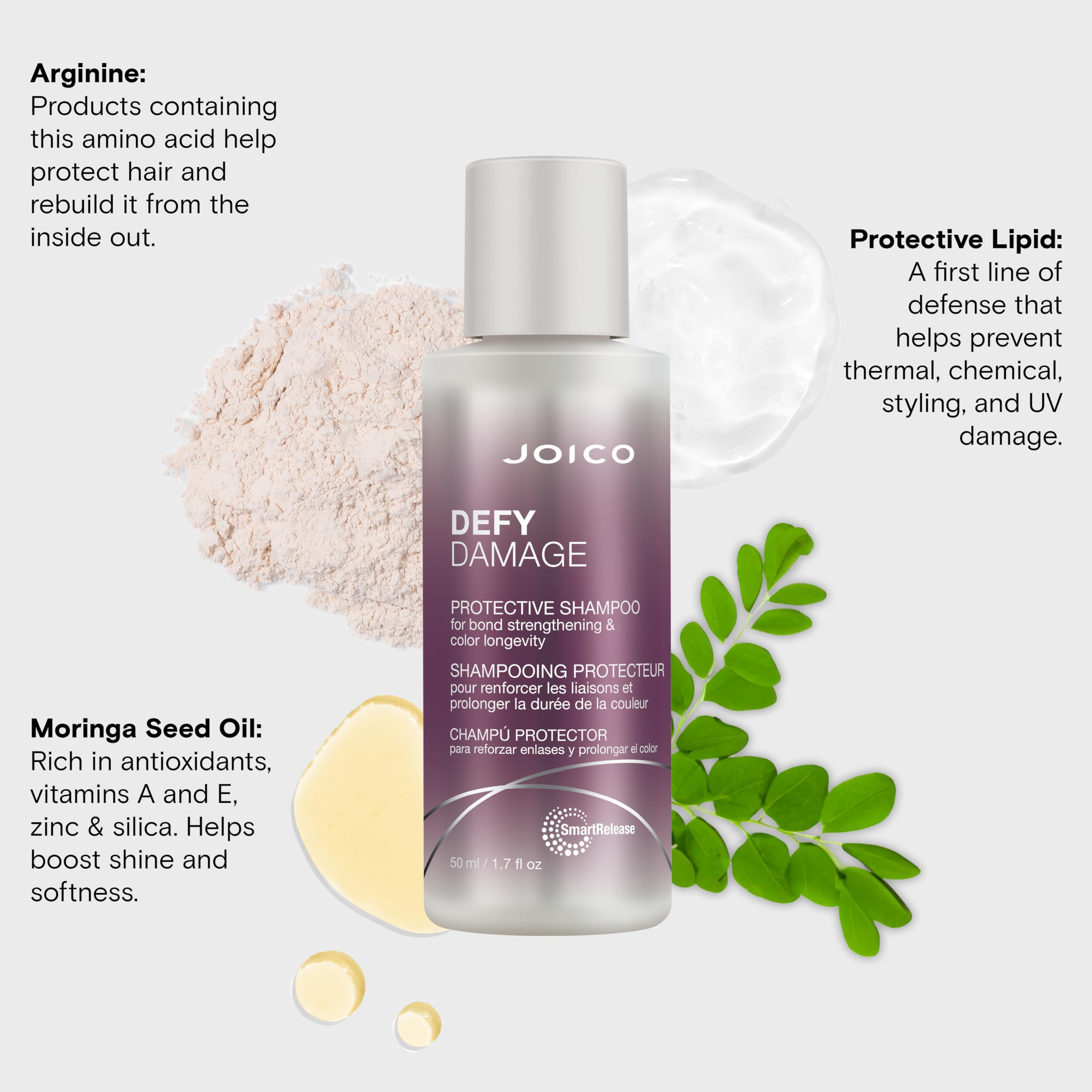 Joico Defy Damage Shampoo: ingrediente moringa, aceite nutritivo para cabello más fuerte.