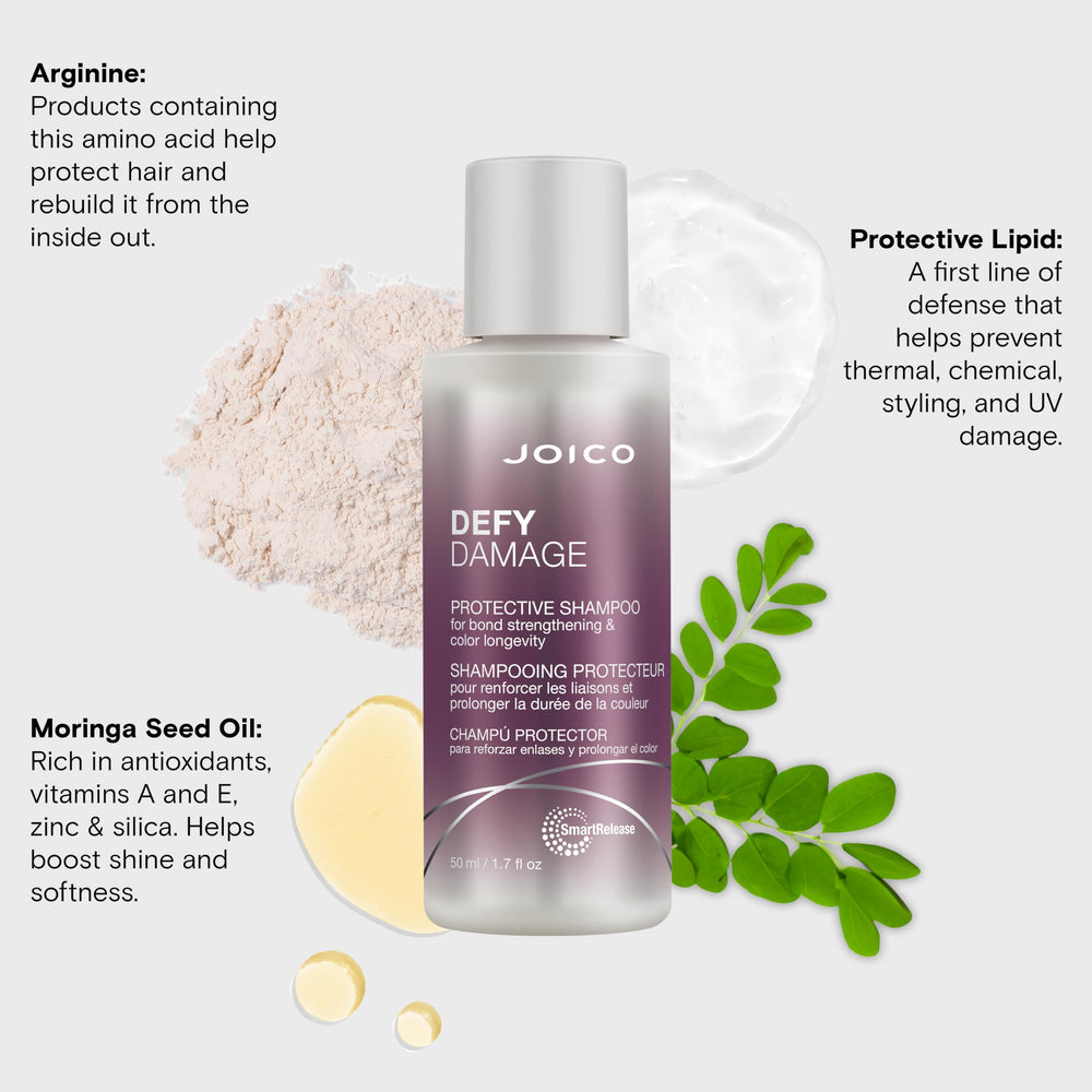 Joico Defy Damage Shampoo: ingrediente moringa, aceite nutritivo para cabello más fuerte.