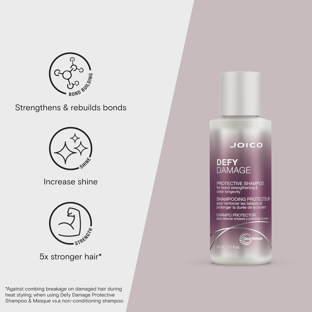 Joico Defy Damage Shampoo: manos formando espuma, cabello limpio y suave.