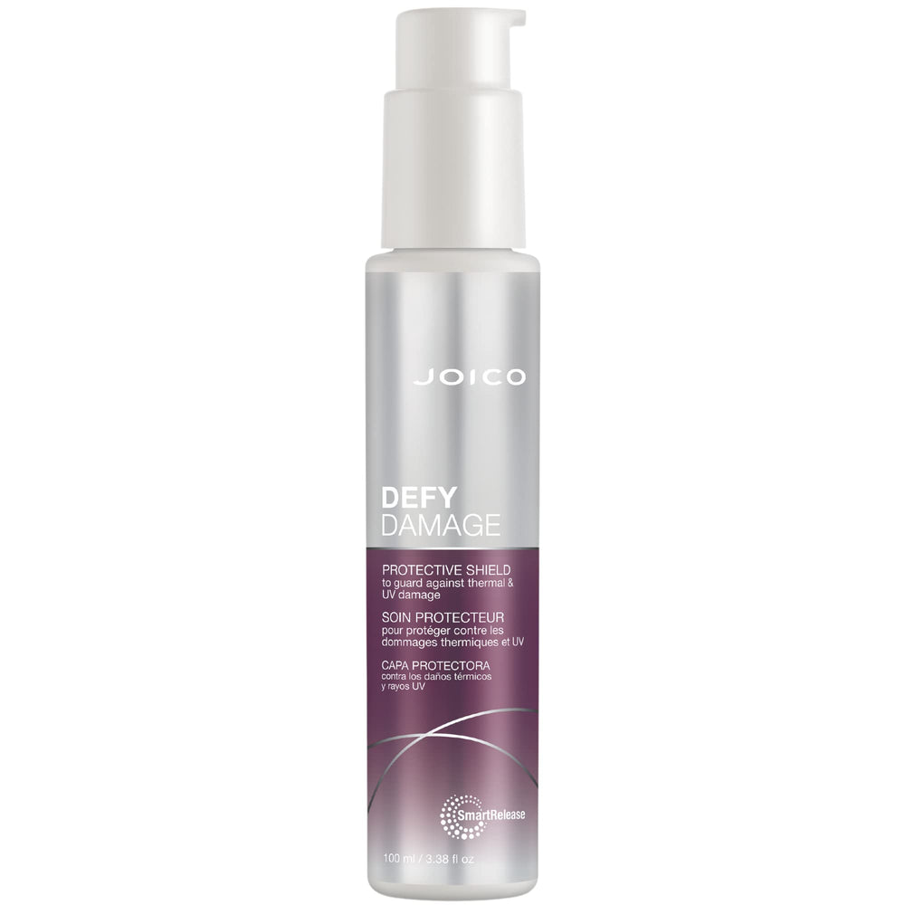 Joico Defy Damage Shield bottle closeup highlighting heat and UV protection.