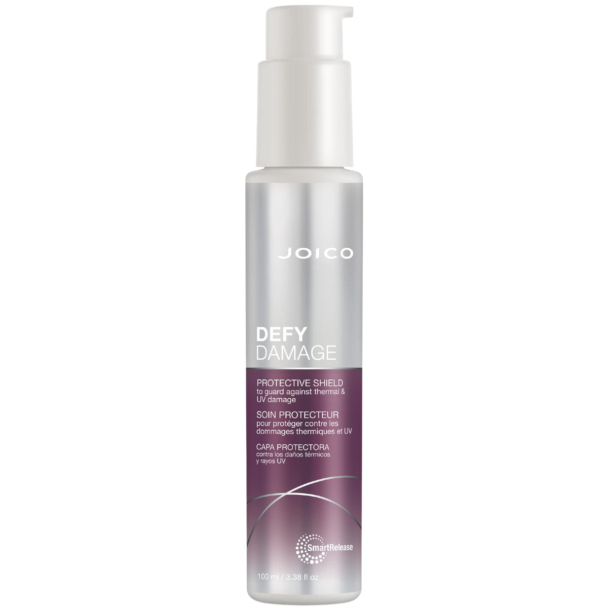 Joico Defy Damage Shield bottle closeup highlighting heat and UV protection.