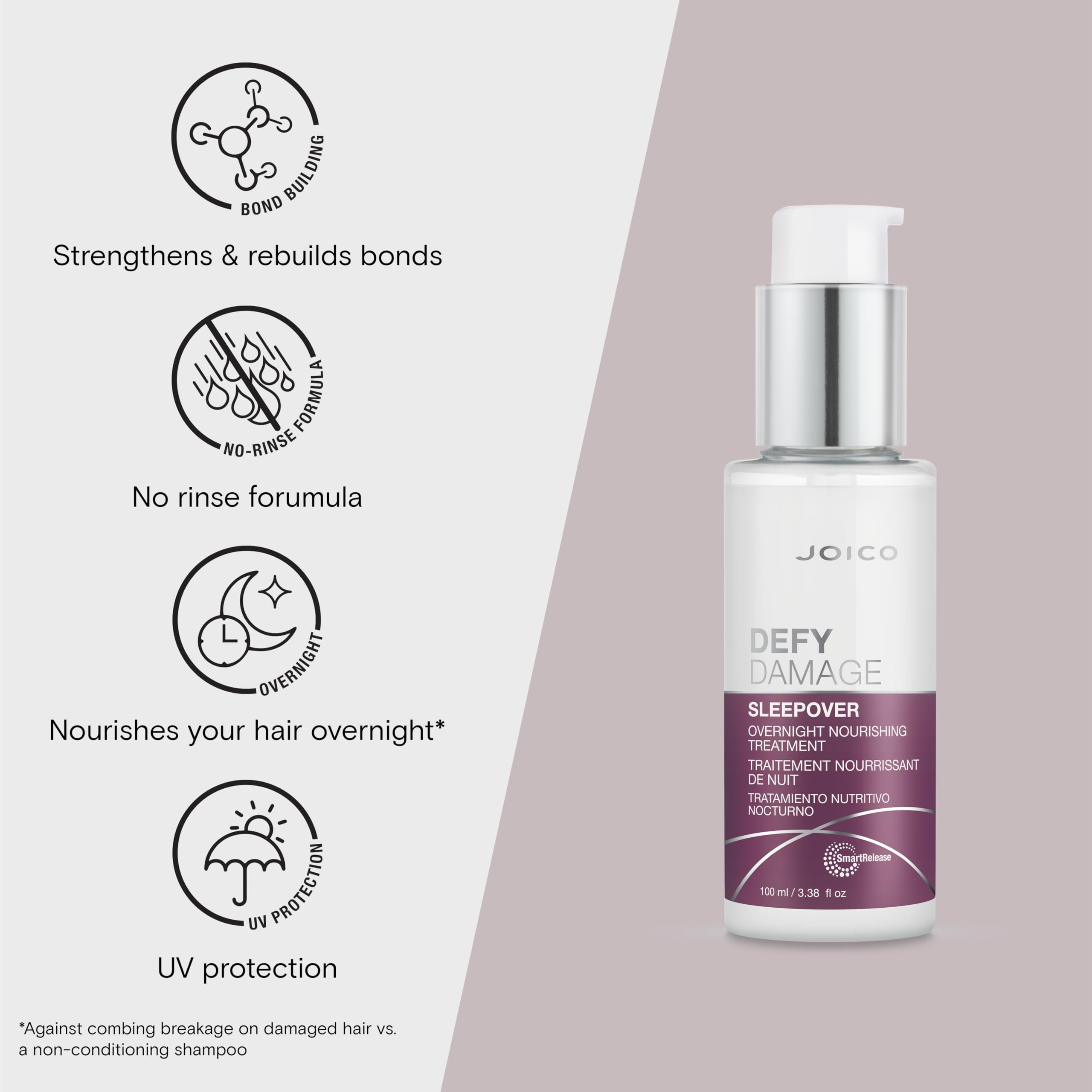 Joico Defy Damage Sleepover shows arginine and keratin ingredients for bond care