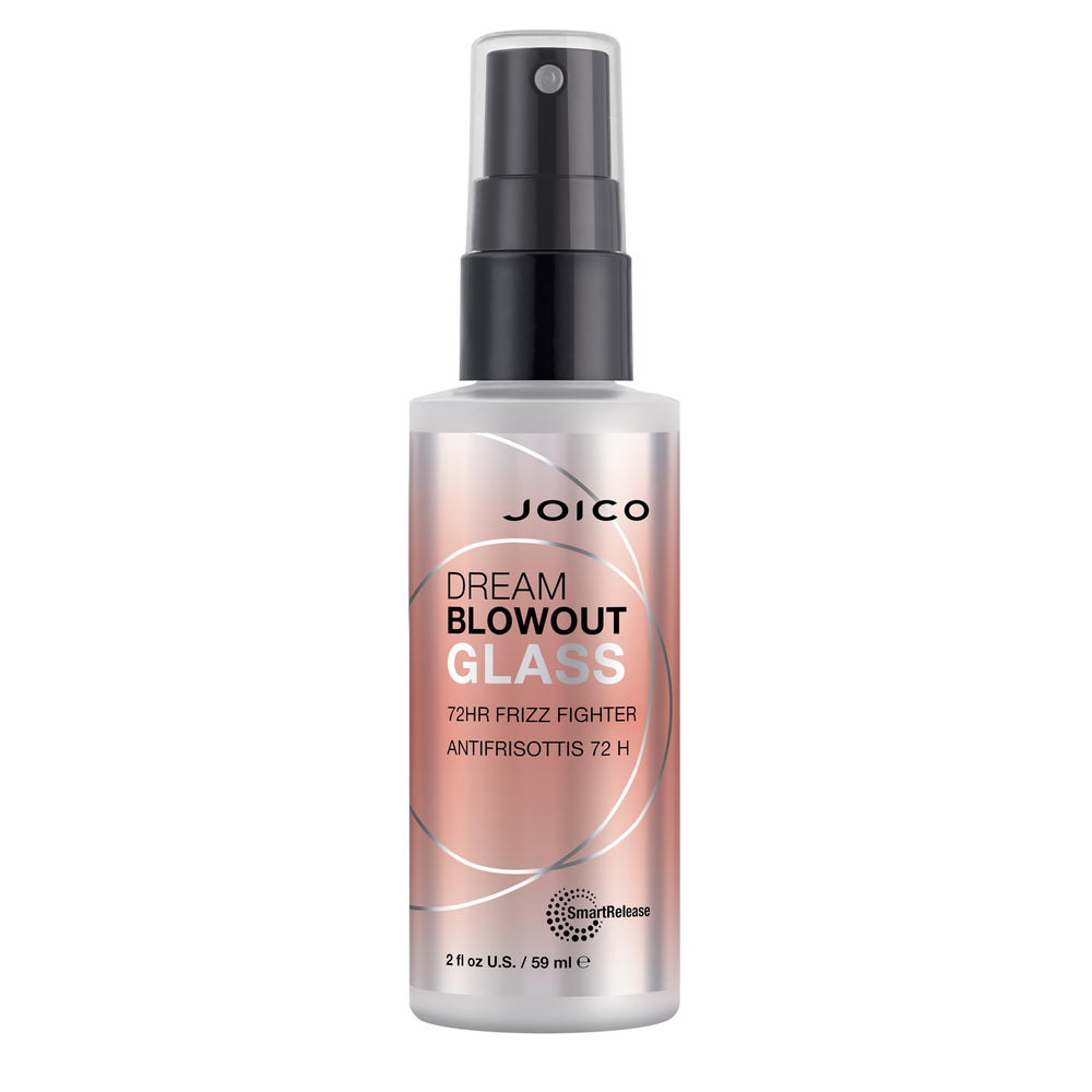 Joico Dream Blowout Glass frasco-brillo-vidrio muestra brillo sedoso y protección de la humedad.