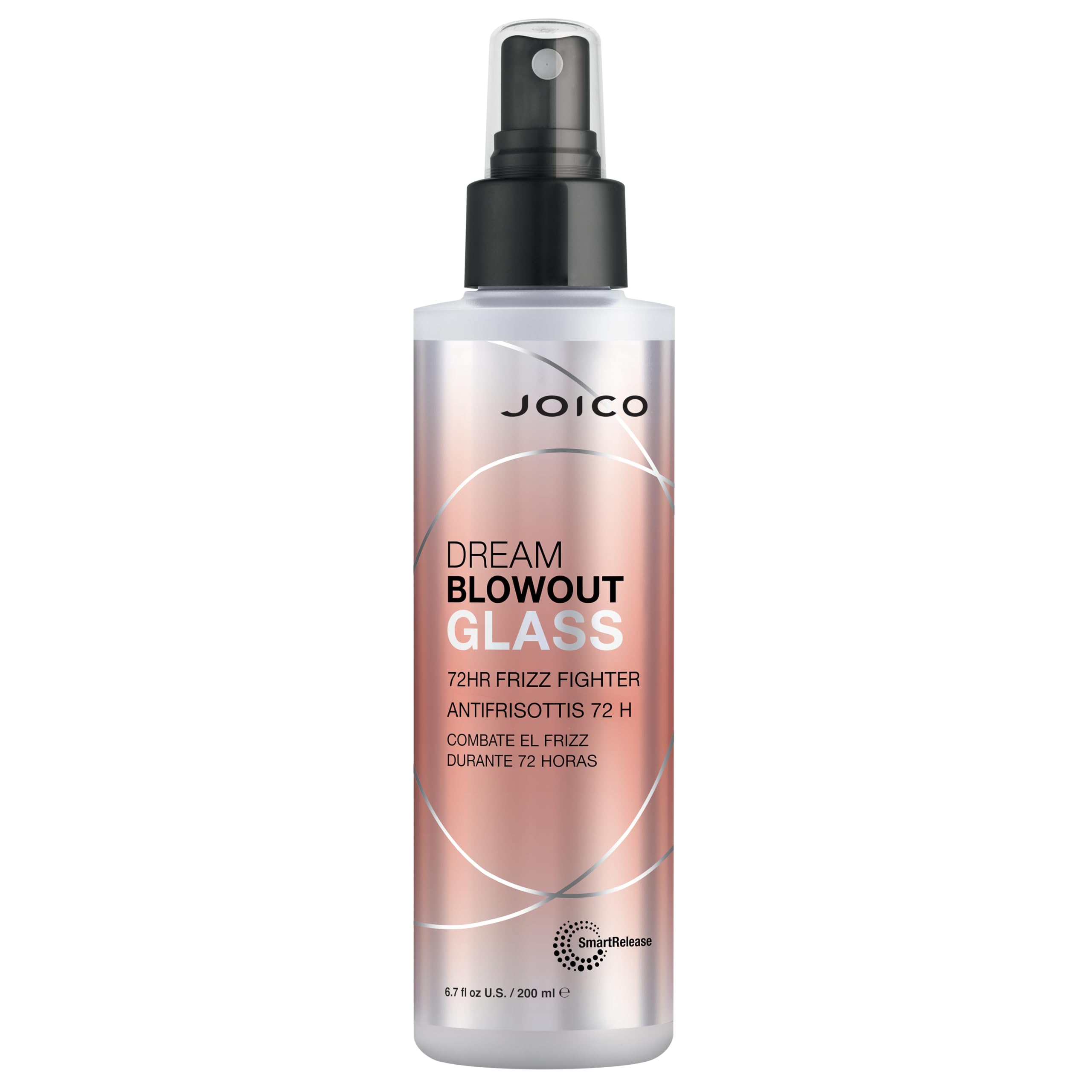 Joico Dream Blowout Glass bottle on shelf showing humidity resistance and glassy shine.