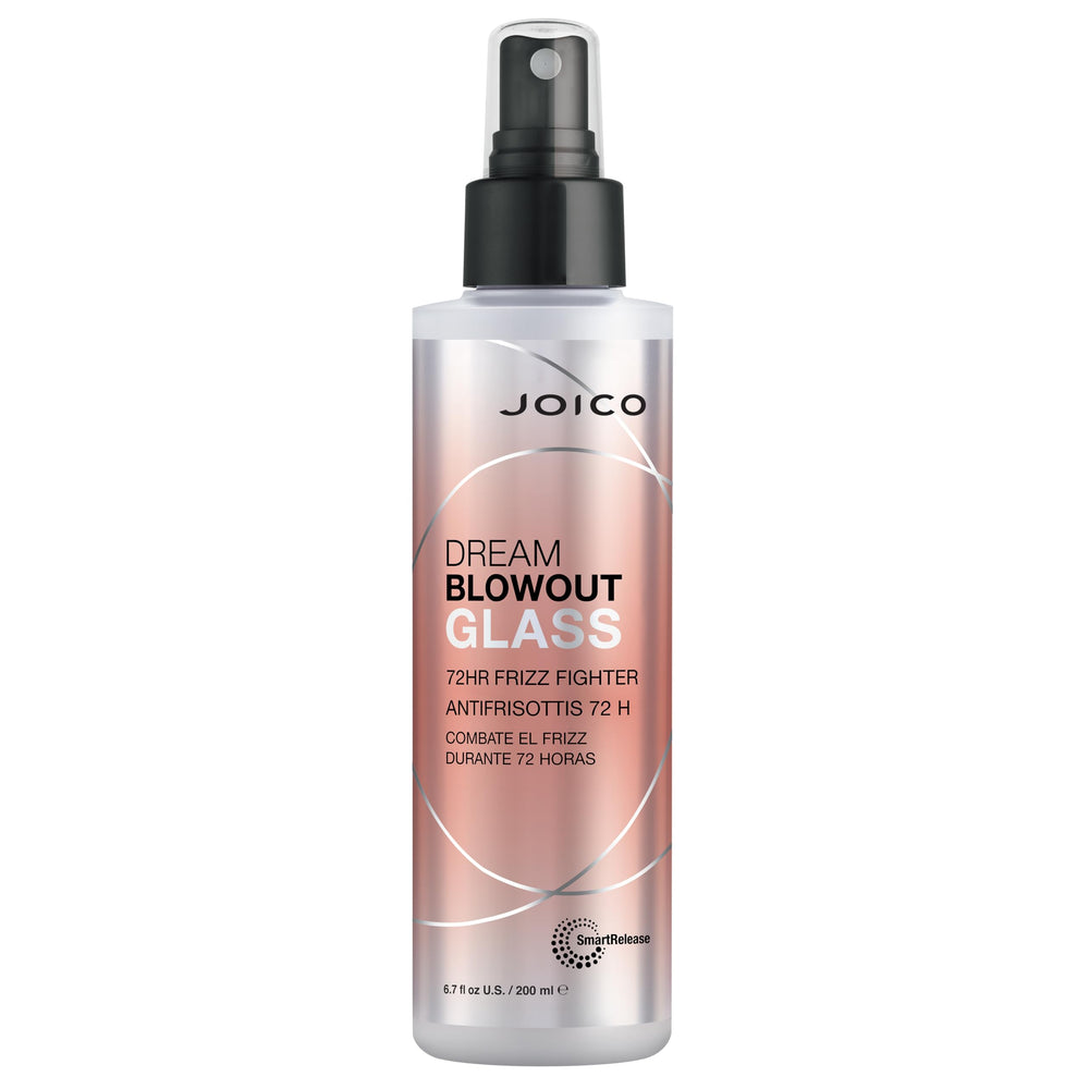 Joico Dream Blowout Glass bottle on shelf showing humidity resistance and glassy shine.