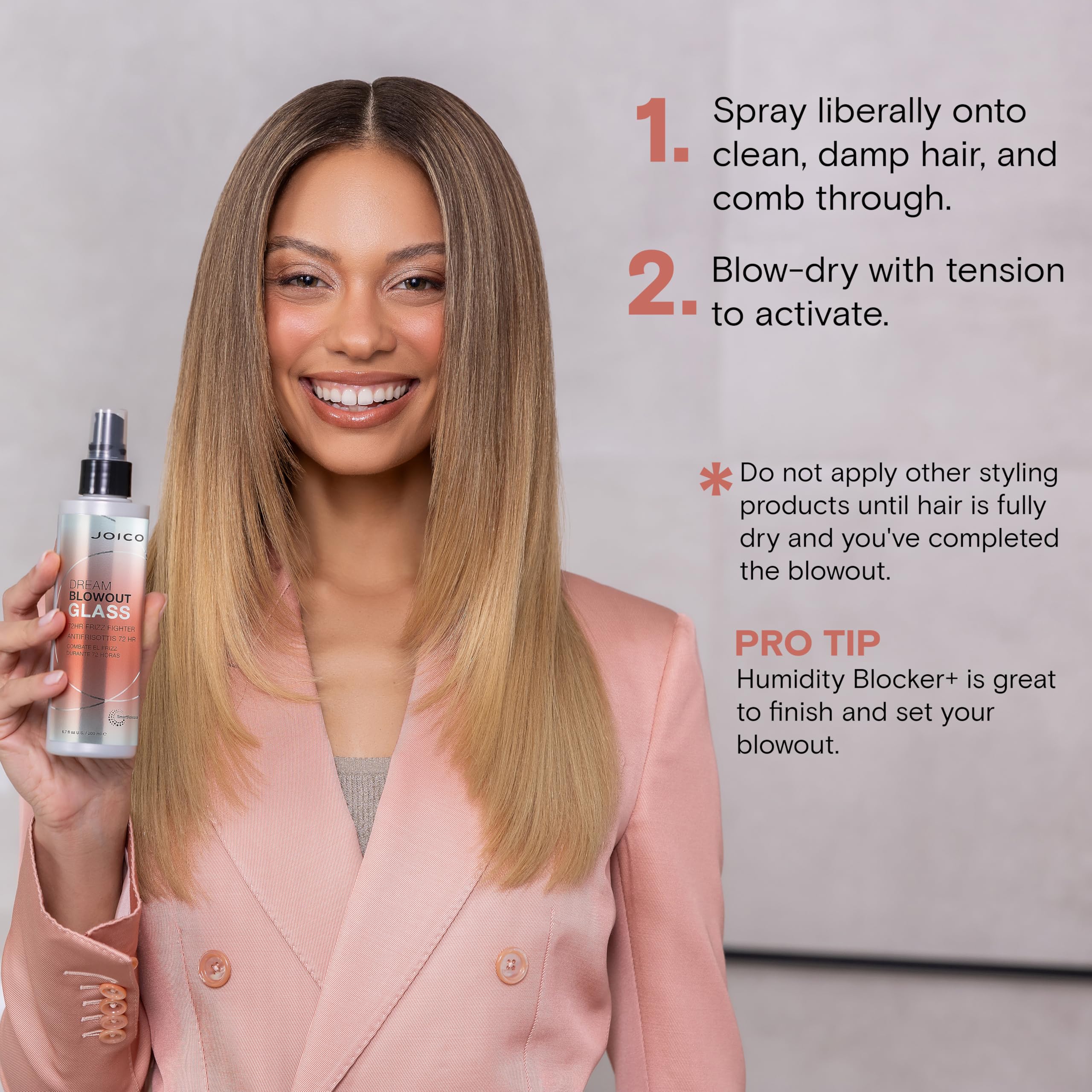 Packaging of Joico Dream Blowout Glass highlights 6.7 fl oz for salon-ready results.