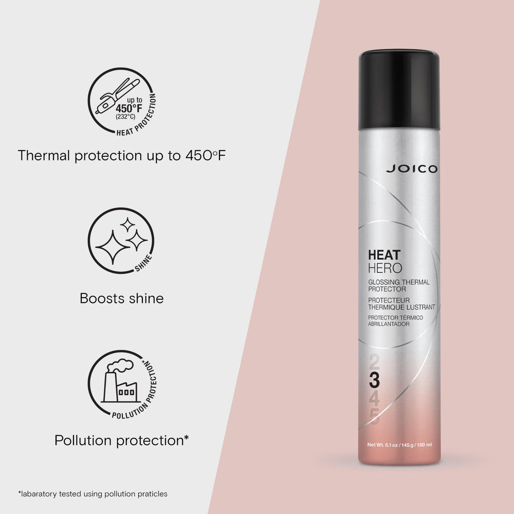 Joico Heat Hero glossing thermal protector applied on hair delivers smoother, frizz-free results.