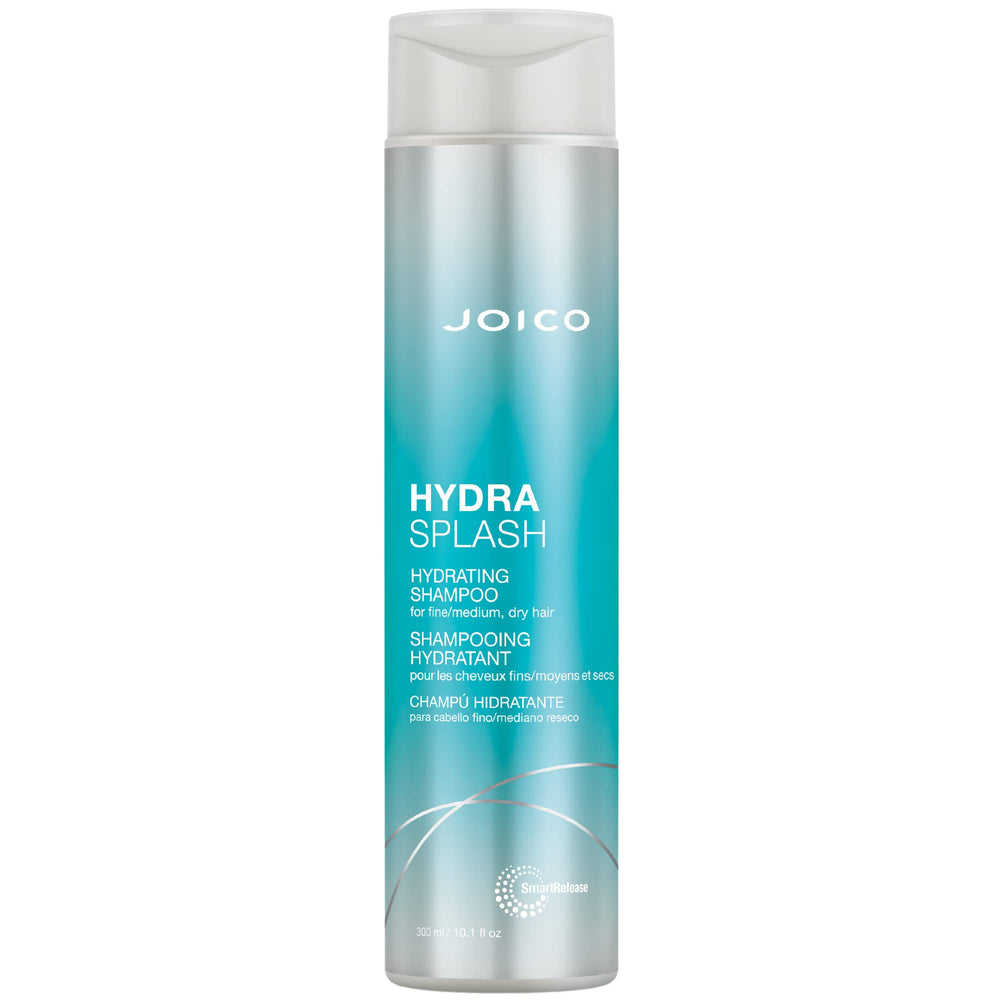 Joico HydraSplash bottle close-up; a hydrating wash for fine hair.