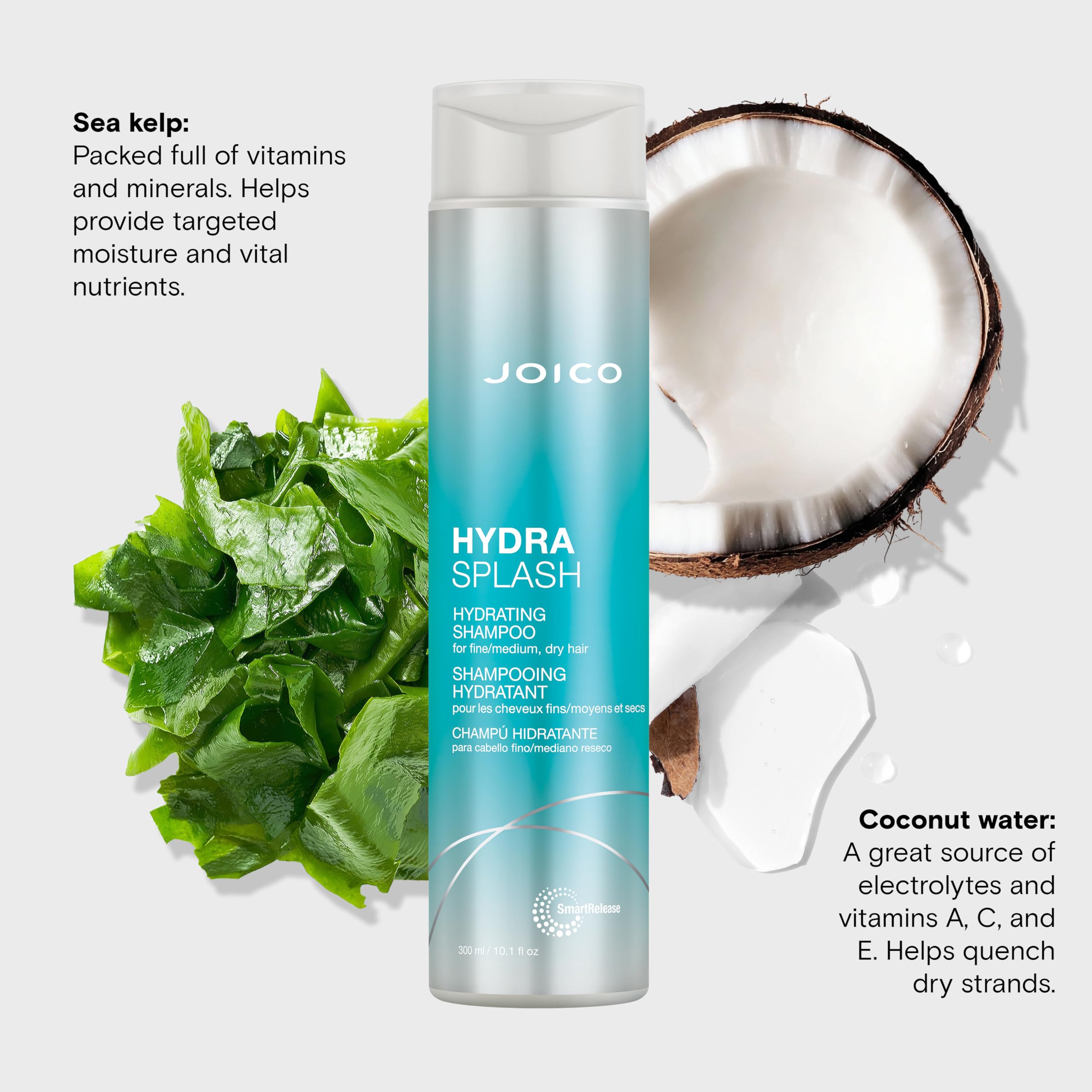 Joico HydraSplash coconut water drops delivering lightweight hydration and vitamins.